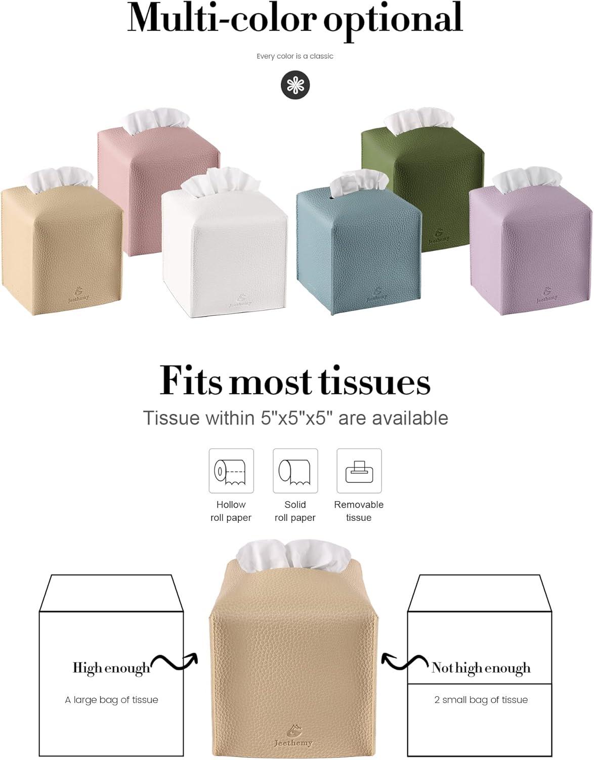 Tissue Box Cover, Square PU Leather Tissue Box Holder, Modern Tissue Case Facial Paper Organizer Dispenser，5X5X5'',Double Beige