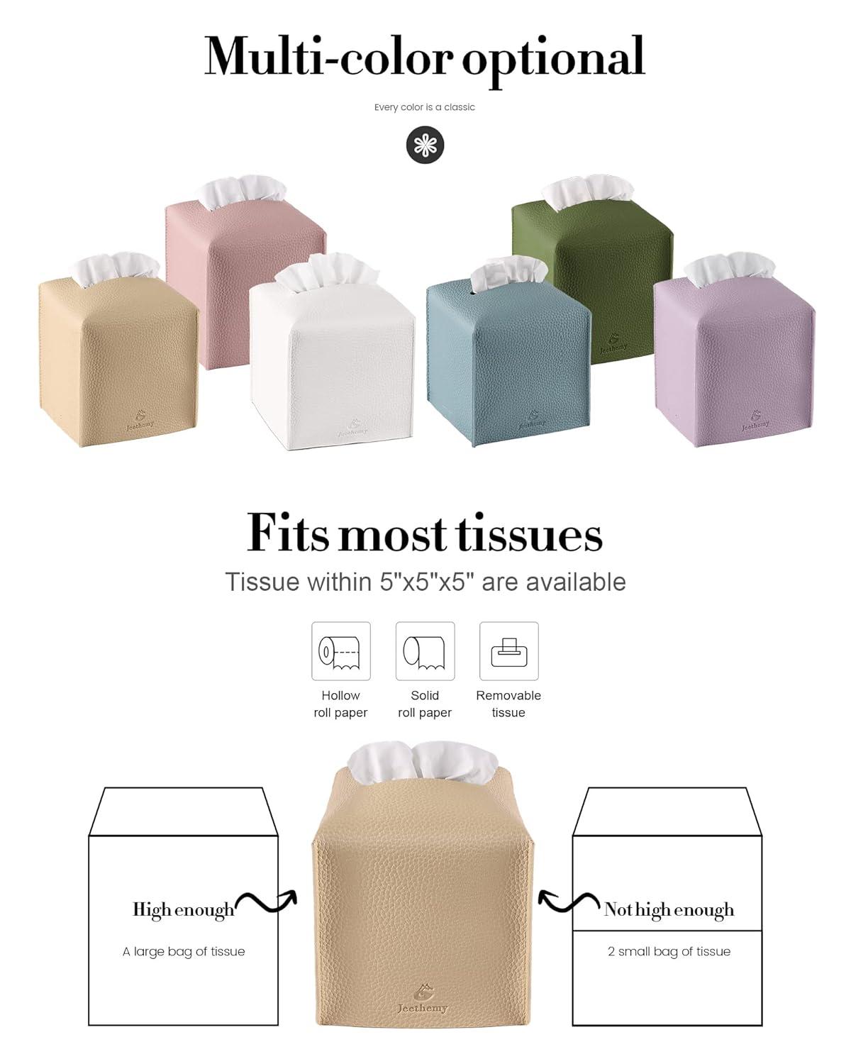 Tissue Box Cover, Square PU Leather Tissue Box Holder, Modern Tissue Case Facial Paper Organizer Dispenser，5X5X5'',Double Beige