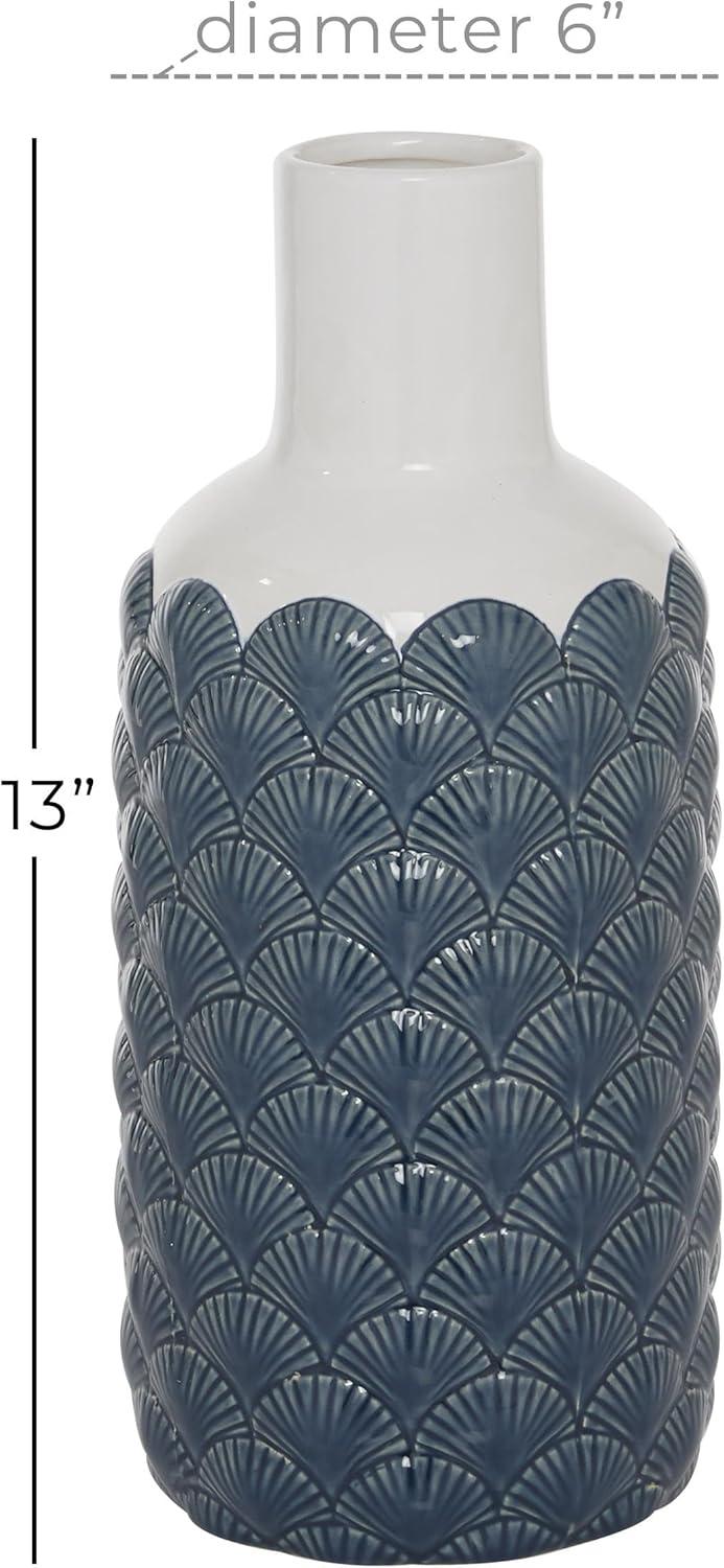 13" Blue and White Ceramic Scallop Decorative Vase