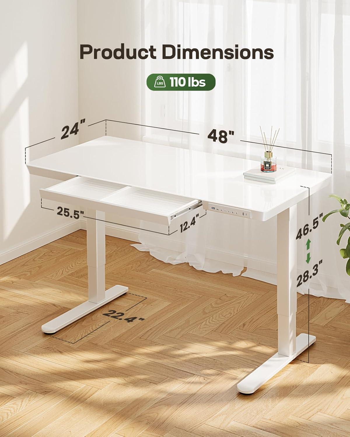 White Glass Adjustable Standing Desk with Drawer and USB Ports