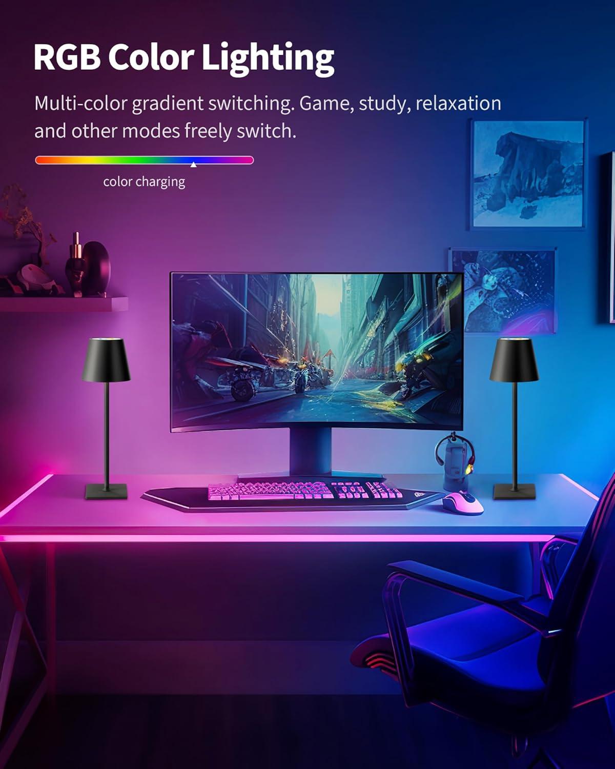 KDG 2 Pack Cordless Table Lamp,Portable LED Desk Lamp, 5000mAh Battery Operated, 3 Color Stepless Dimming Up, for Restaurant/Bedroom/Bars/Outdoor Party/Camping/Coffee Shop Night Light(Black)