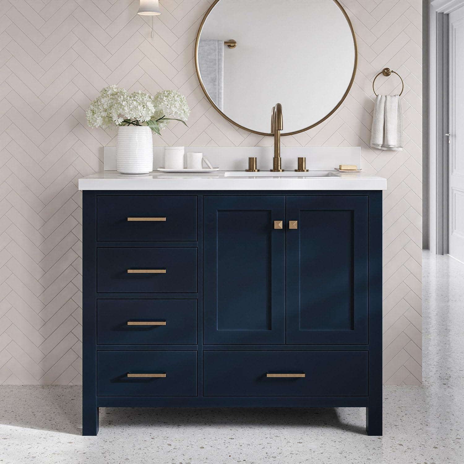ARIEL Cambridge 43 Inch Midnight Blue Bathroom Vanity with Single Sink, Solid Wood, White Quartz Countertop, 1.5-Inch Edge, Right Rectangular Undermount Sink, 2 Soft Closing Doors, 5 Drawers