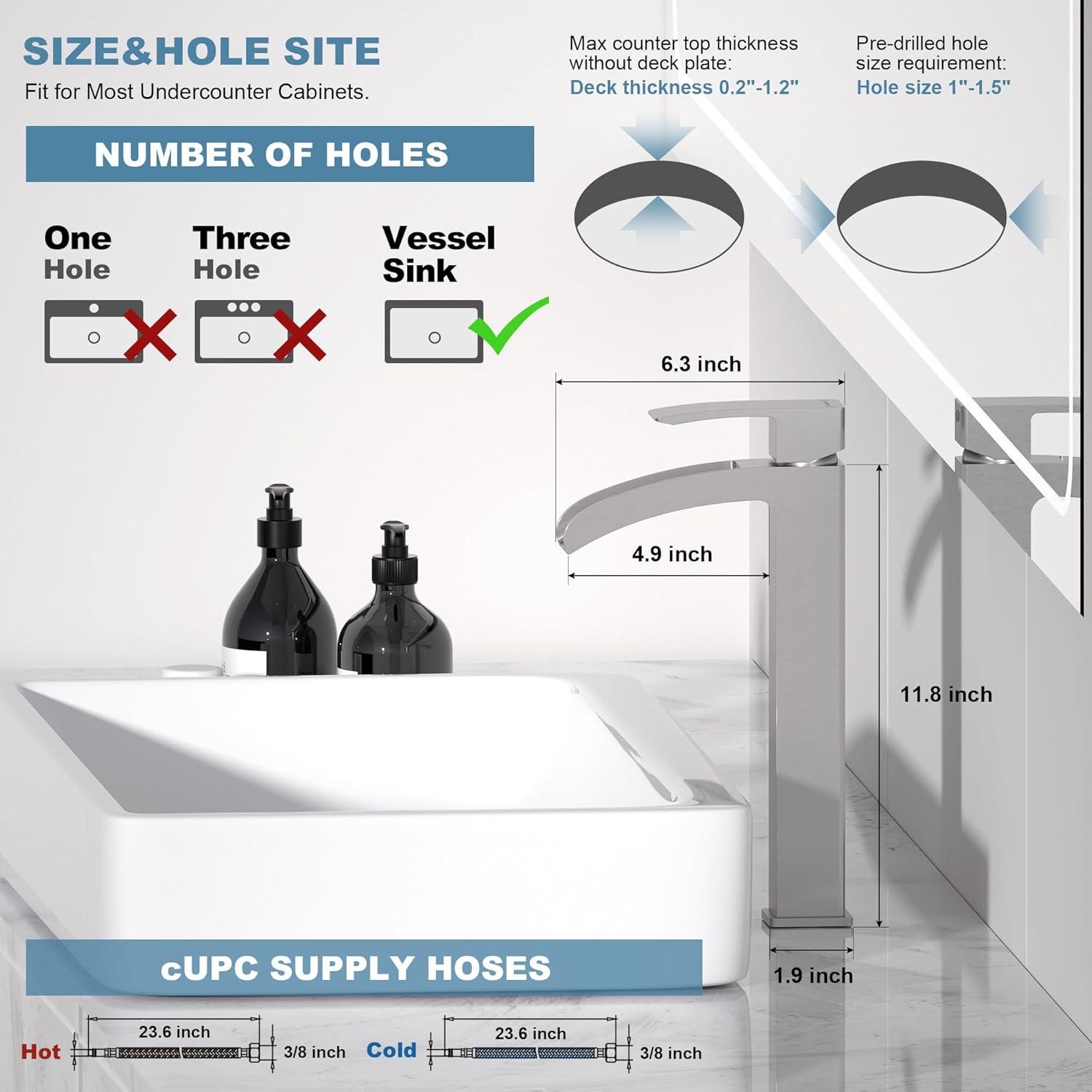 VOTON Vessel Sink Faucet Brushed Nickel Modern Tall Waterfall Bathroom Sink Faucet Single Handle Bathroom Faucet 1 Hole Bowl Lavatory Vanity Faucet, Rv Sink Camper Farmhouse Bathroom Faucet