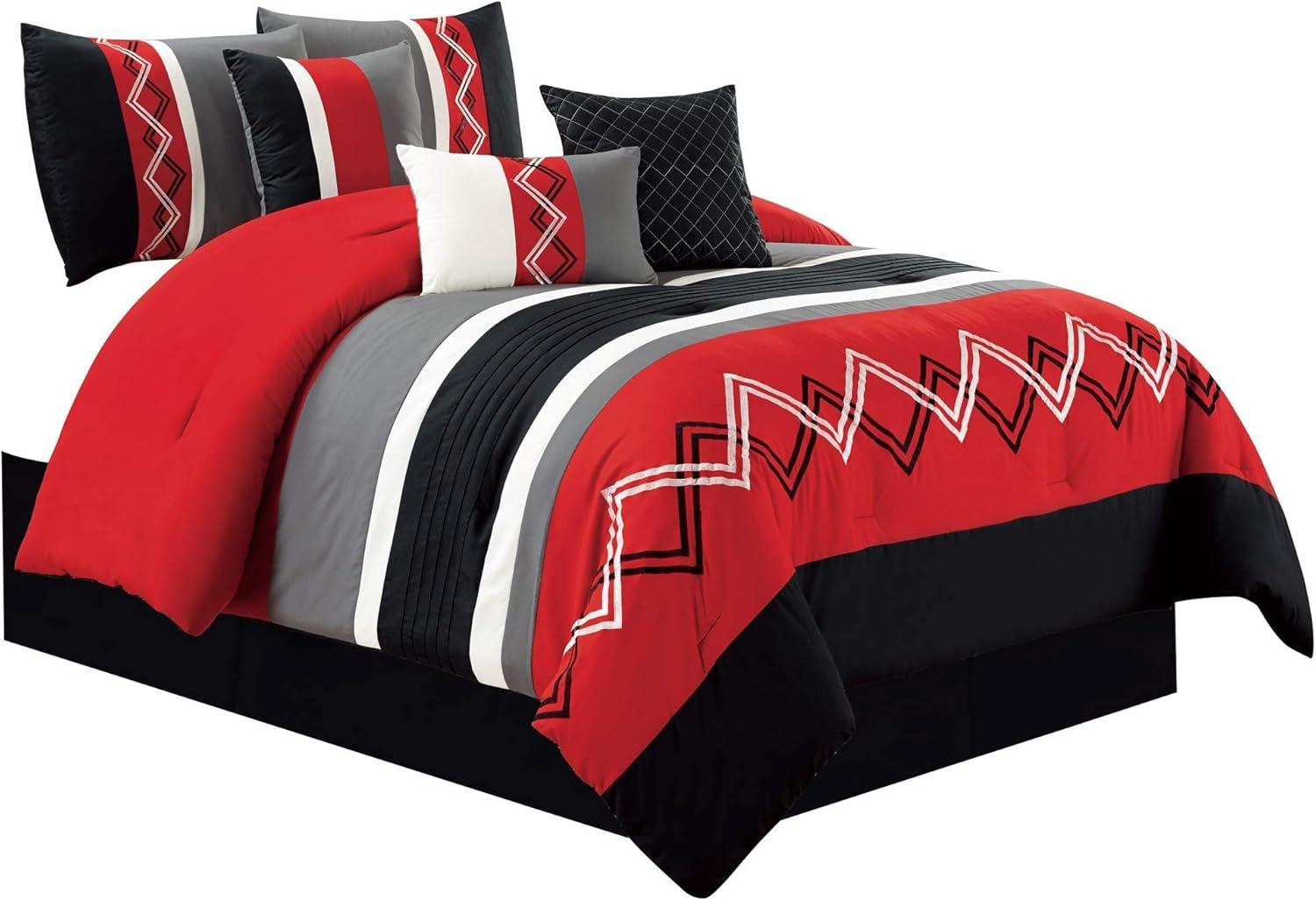 Chezmoi Collection Arden 7-Piece Modern Pleated Stripe Embroidered Zigzag Bedding Comforter Set (Queen, Red/Black/Gray/Off-White)