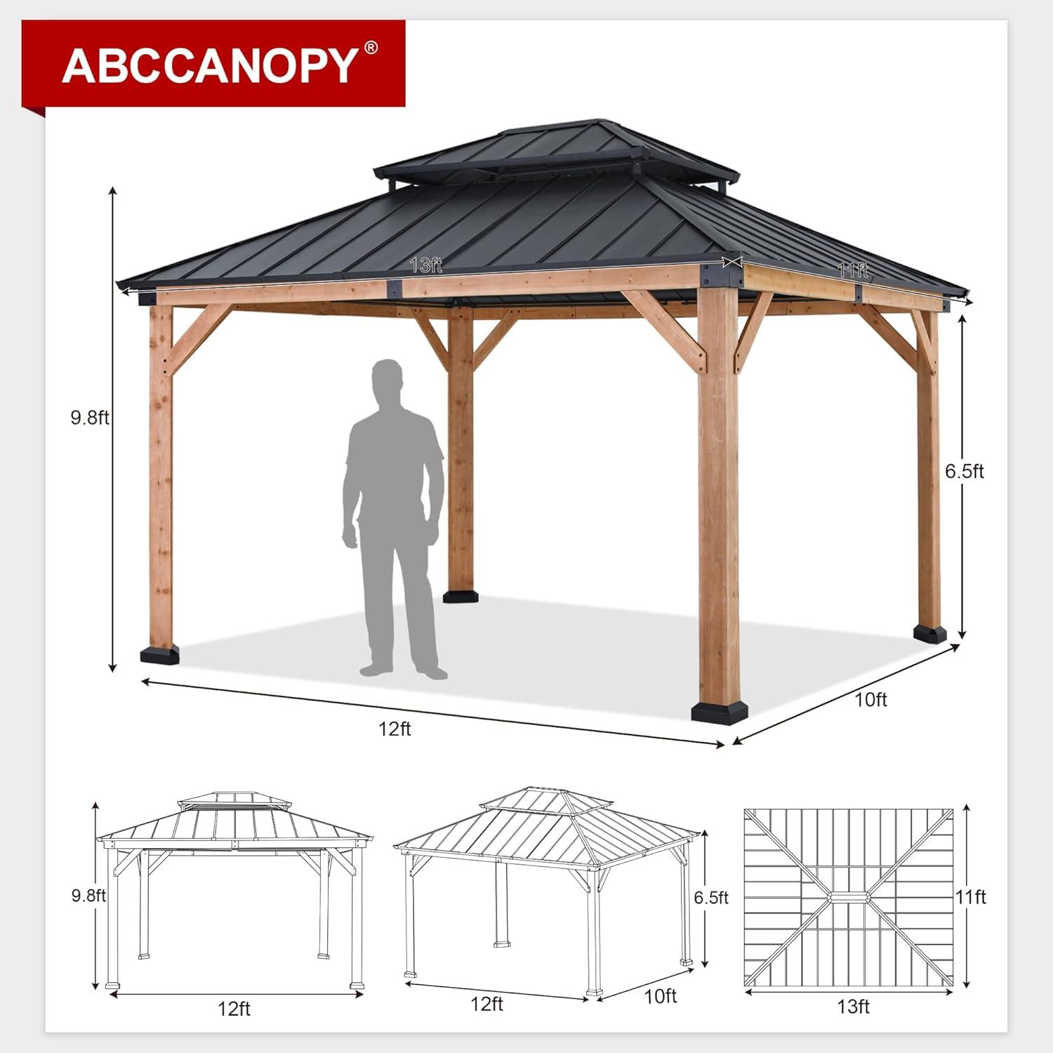 11 ft. x 13 ft. Wood Gazebo Matte Black Roof and Natural Wood Frame Gaezbos Black Double Steel Hardtop Roof