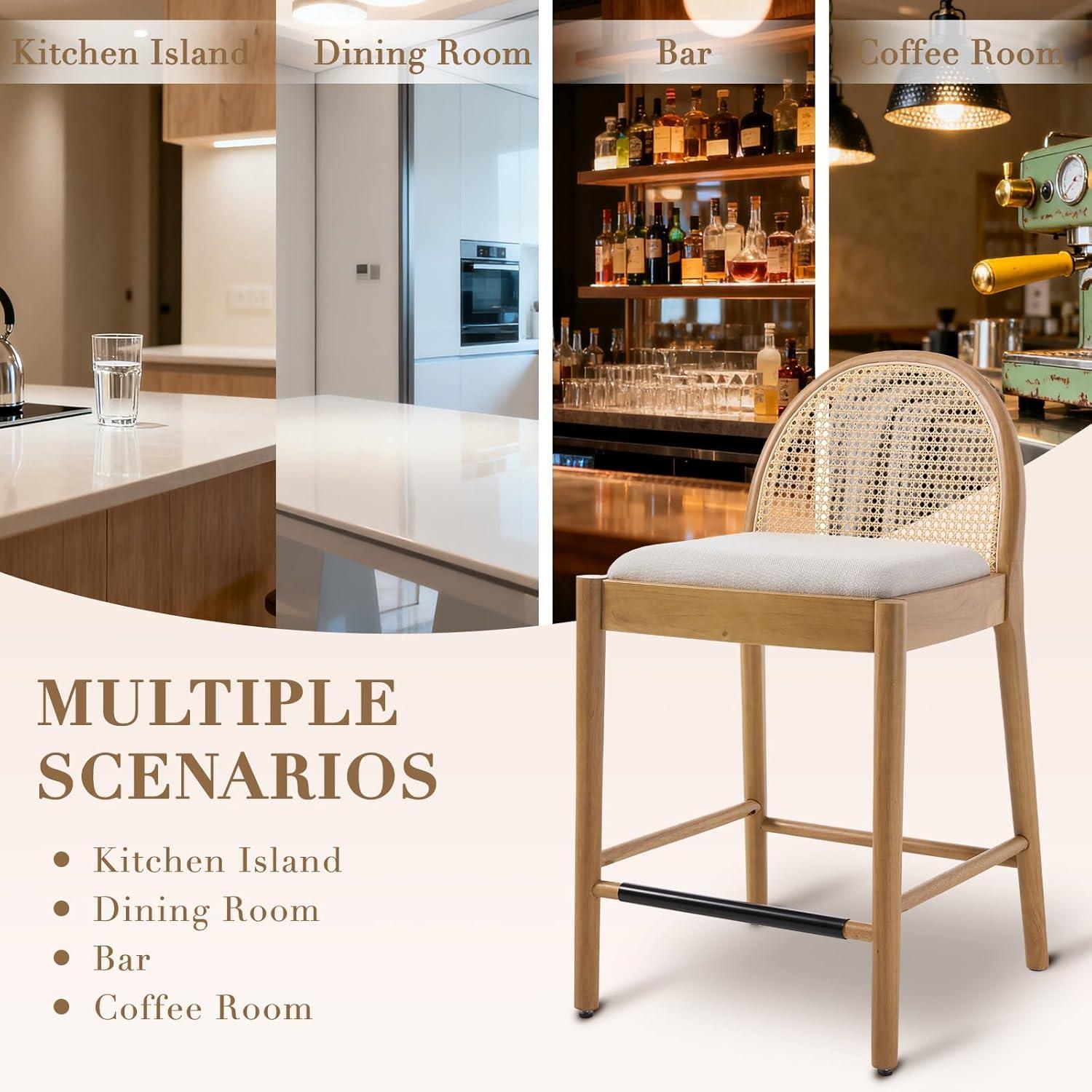 Bayou Breeze Emington Modern Stools with Rattan Backrests and Wood Frame (Set of 2)