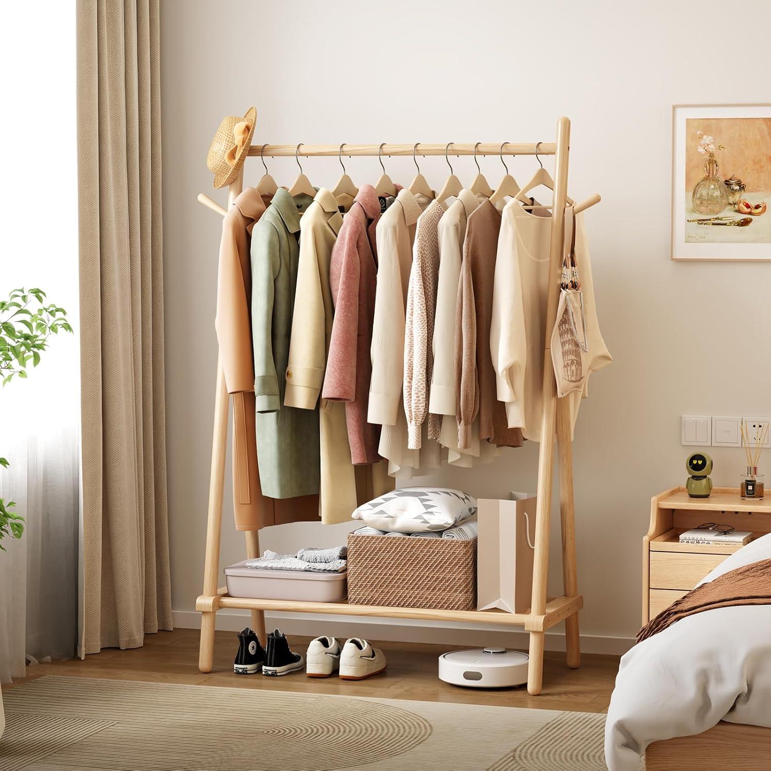 Rebrilliant Solid Wood Clothes Rack, Clothing Rack With Shelf And Hook, Sturdy And Portable, Garment Rack For Hanging Clothes,Coats,Skirts,Shoes,Bags,Easy To Assemble (Natural)