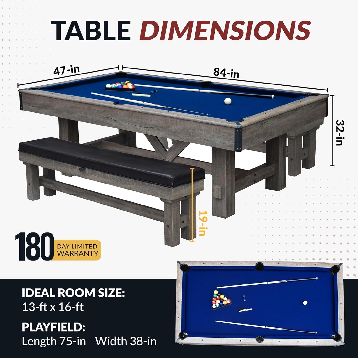 Rustic Gray 7-Ft 3-in-1 Pool Table with Benches