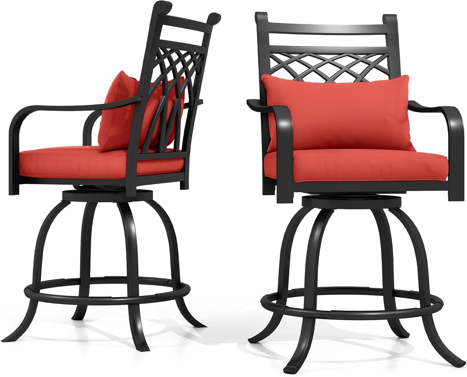 MF Studio Outdoor Swivel Bar Stools Set of 2, Patio Height Chairs with Seat and Back Cushion, Red