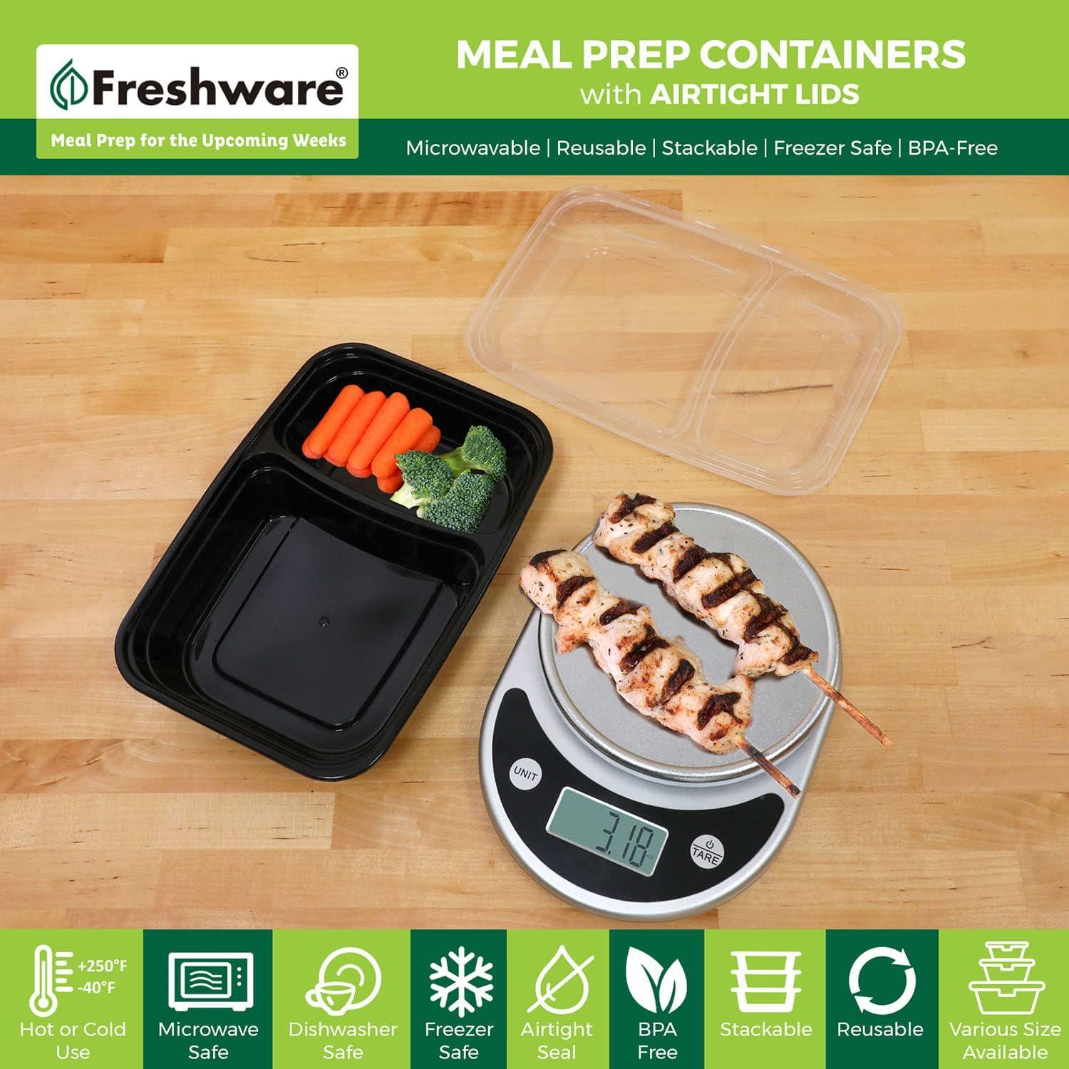 Black BPA-Free Plastic Meal Prep Containers with Divided Storage, 28 oz, Set of 15