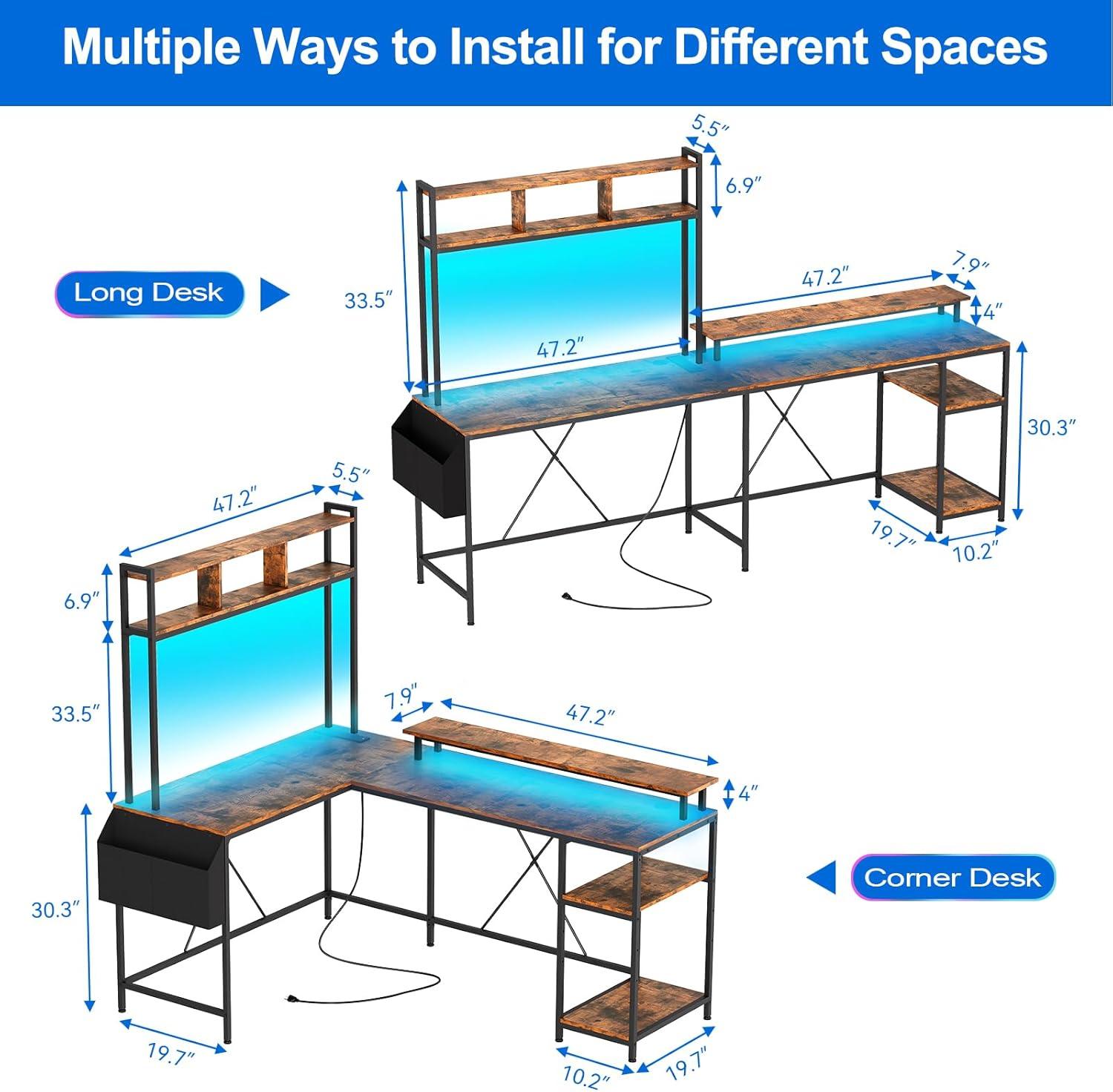 Jojoka L Shaped Storage Shelf Computer Gaming Desk with LED Lights & Power Outlets, 67" Reversible Large Corner Desk with Monitor Stand, Home Office Desk, Study Desk, Writing Desk, Workstation, Brown