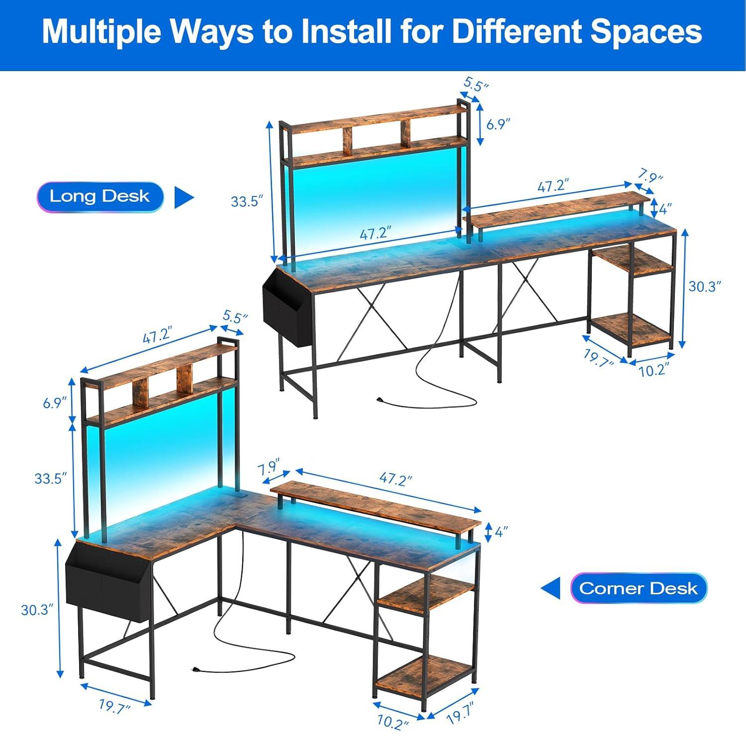 Garvee Spacious L-Shaped Gaming Desk with Customizable RGB Lights & Charging Options – Ideal for Comfort & Efficiency, Brown