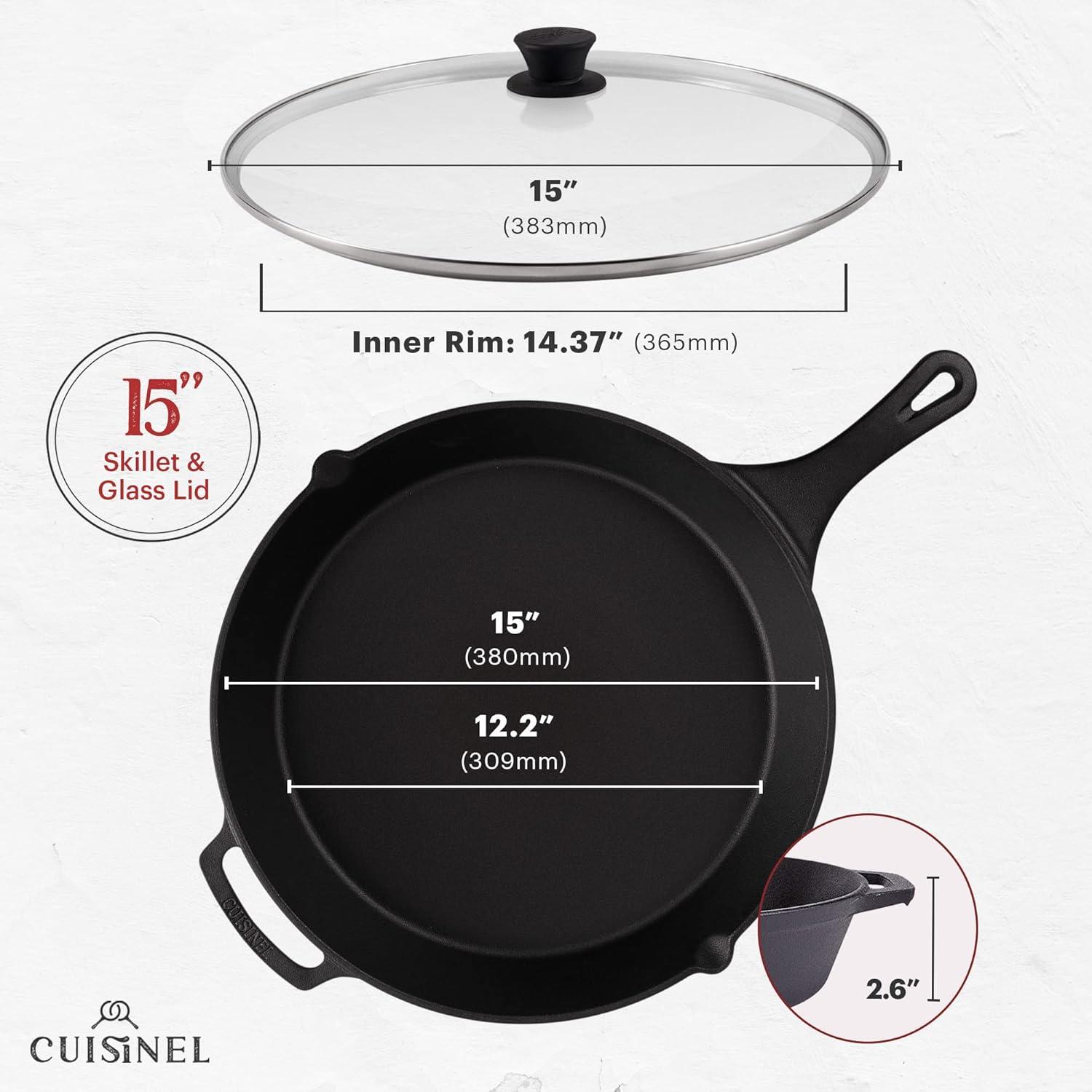 15-Inch Black Cast Iron Skillet with Glass Lid and Silicone Handle