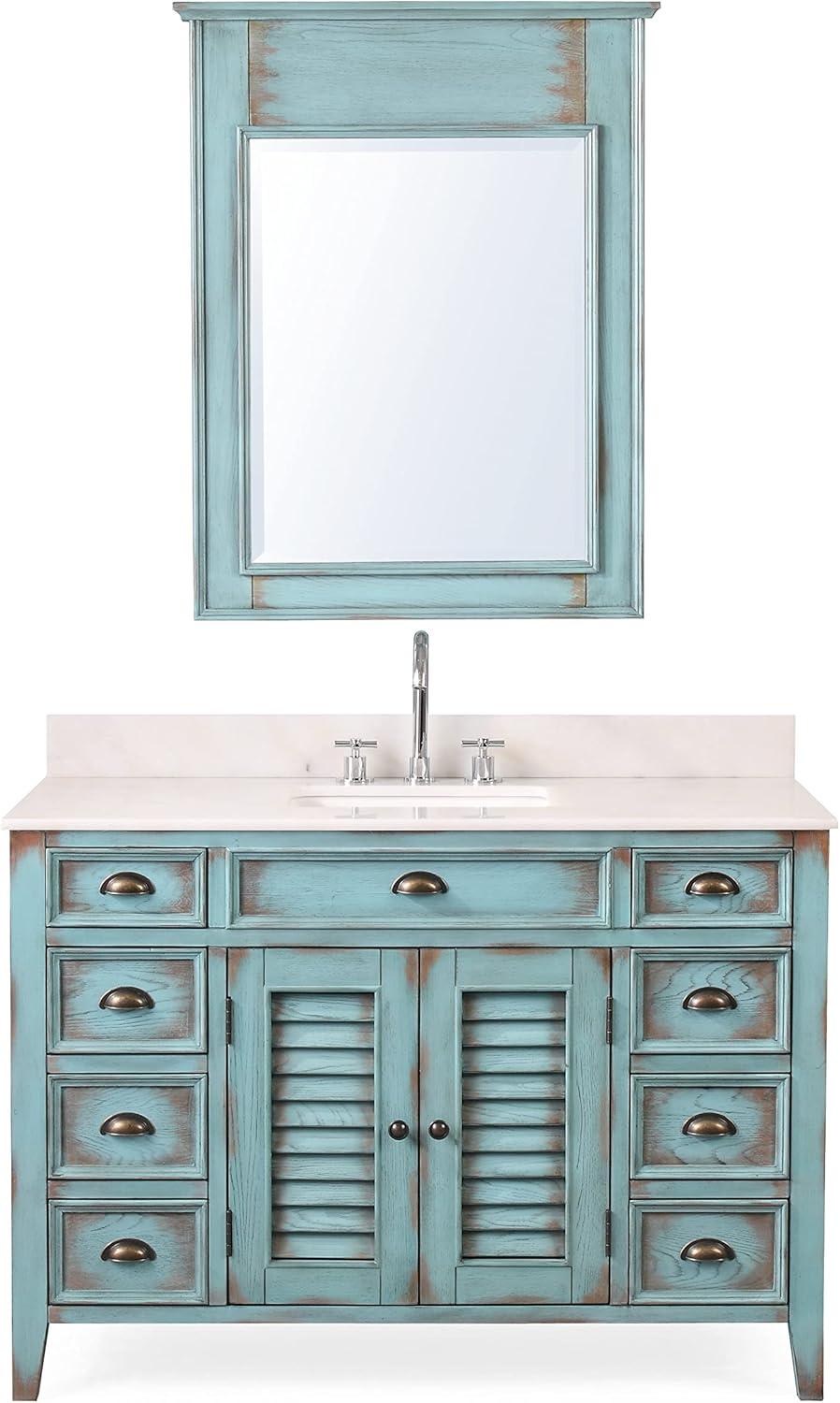46 Inch Abbeville Distressed Blue Finish Cottage Plantation Style Bathroom Vanity with White Marble Stone Top, 4 Functional Drawers, Undermount Sink, Hardware Included
