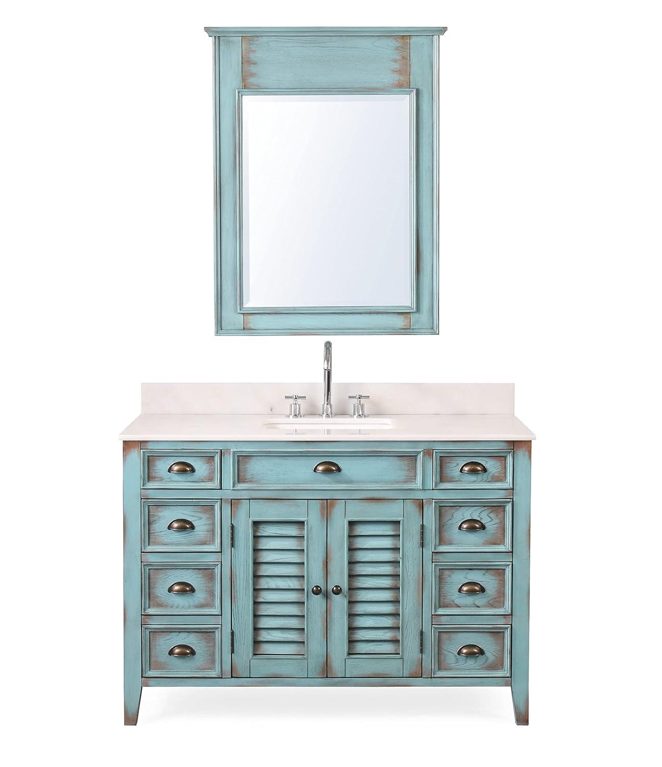 46 Inch Abbeville Distressed Blue Finish Cottage Plantation Style Bathroom Vanity with White Marble Stone Top, 4 Functional Drawers, Undermount Sink, Hardware Included