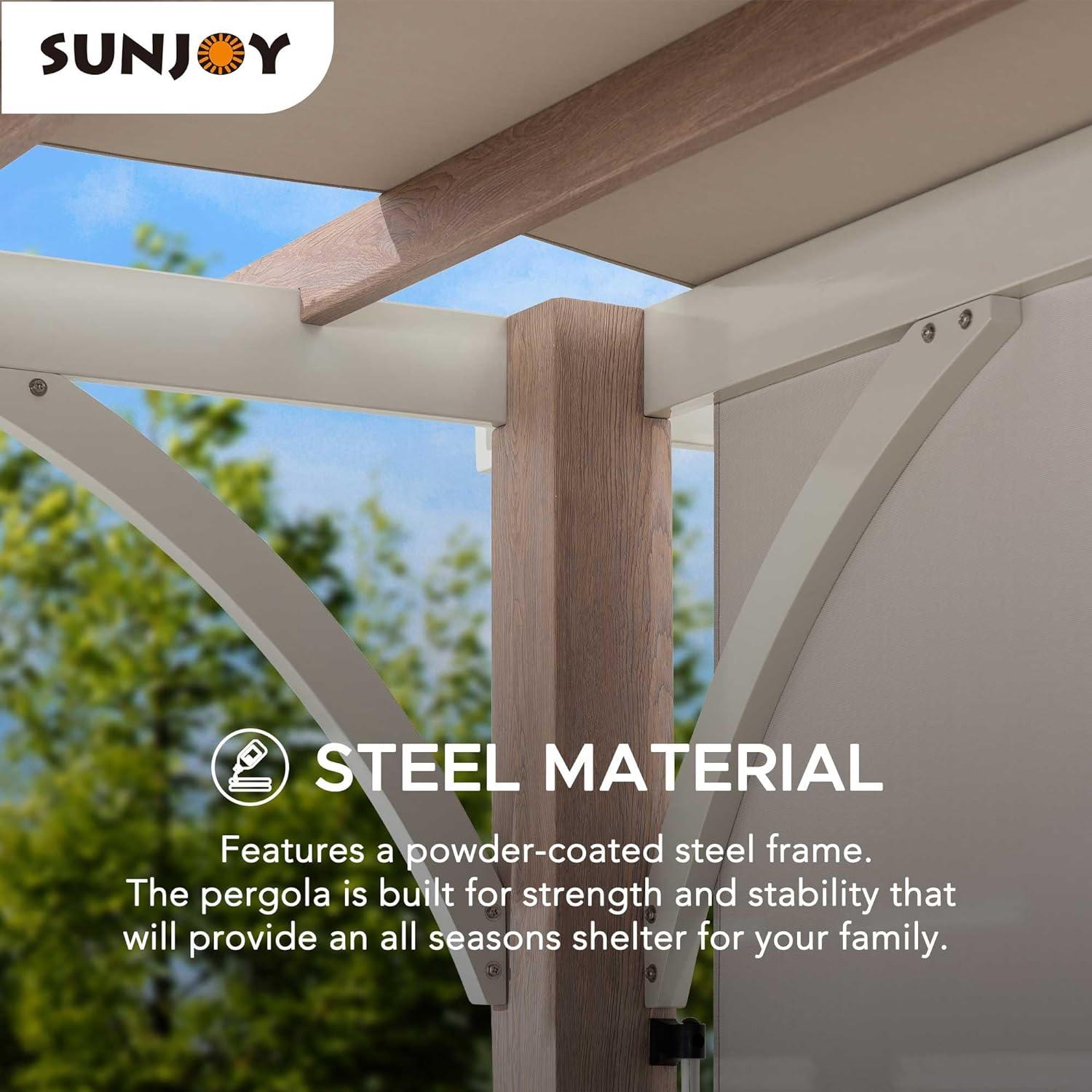 Sunjoy Delrey 12 x 14 ft. Outdoor Patio White Steel Frame Pergola with Adjustable Canopy for Backyard and Garden Shade, Light Gray