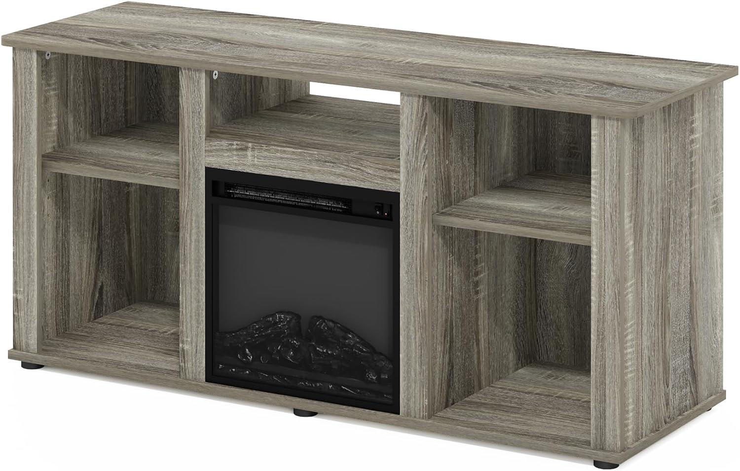 Furinno Jensen Fireplace TV Entertainment Center with Open Storage Compartment for TV up to 55 Inch, French Oak Grey