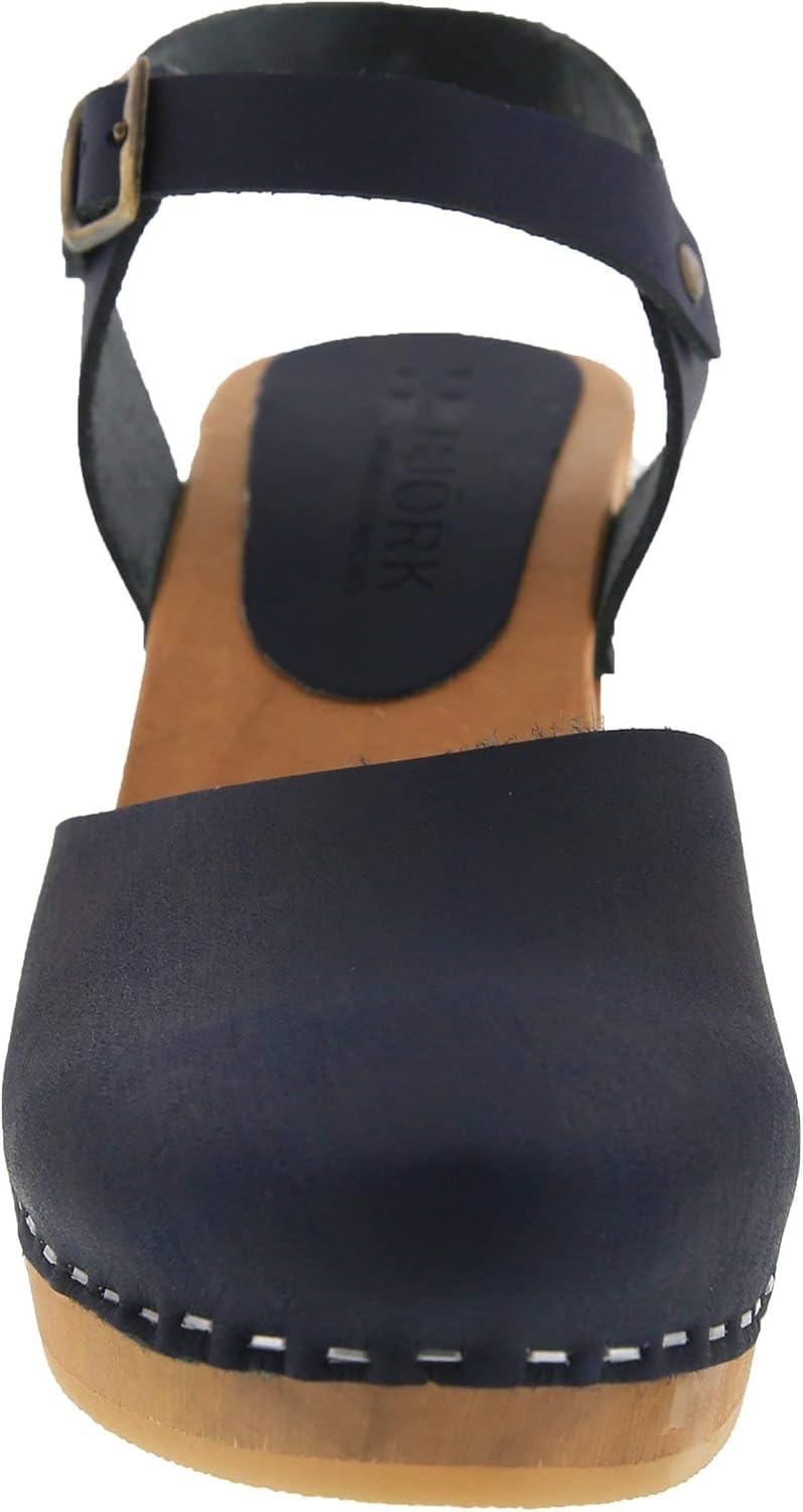 Navy Genuine Leather Ankle Strap Clog Sandals