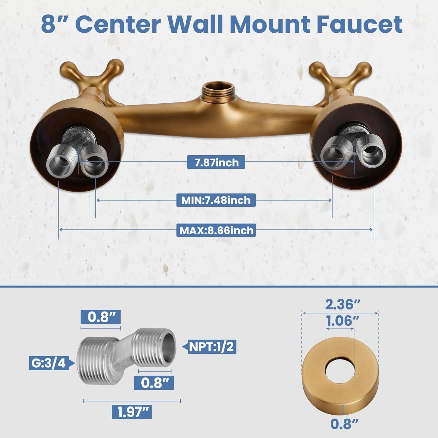 Airuida Wall Mount Kitchen Faucet with Sprayer Wall Mounted Kitchen Sink Faucet Double Cross Handles 360 Degree Swivel Spout Restaurant Mixer Tap Commercial 8 Inch Center Antique Brass