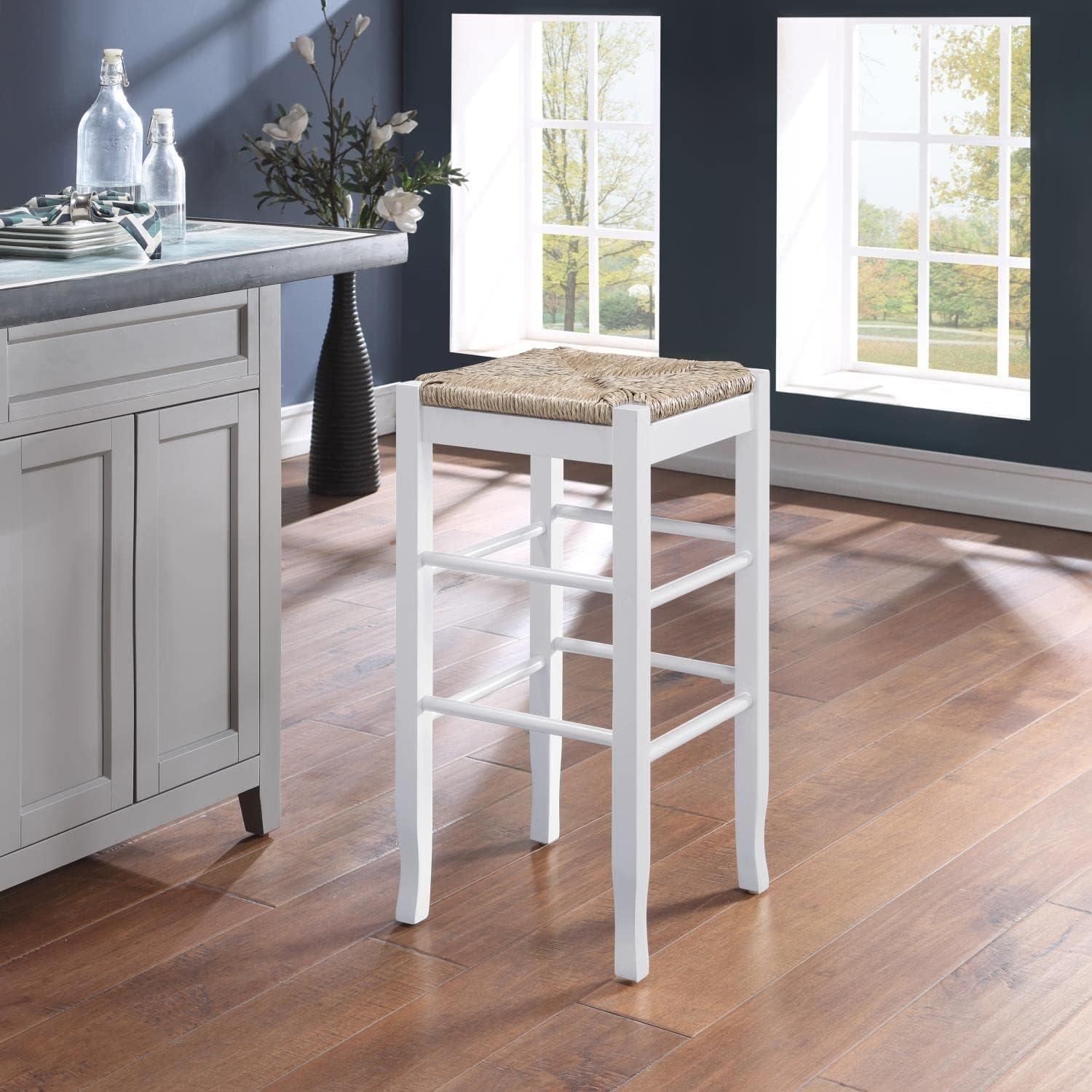 29" Rush Seat Hardwood Barstool White - Boraam: Solid Frame, Double Stretcher Bars, Handwoven Seat