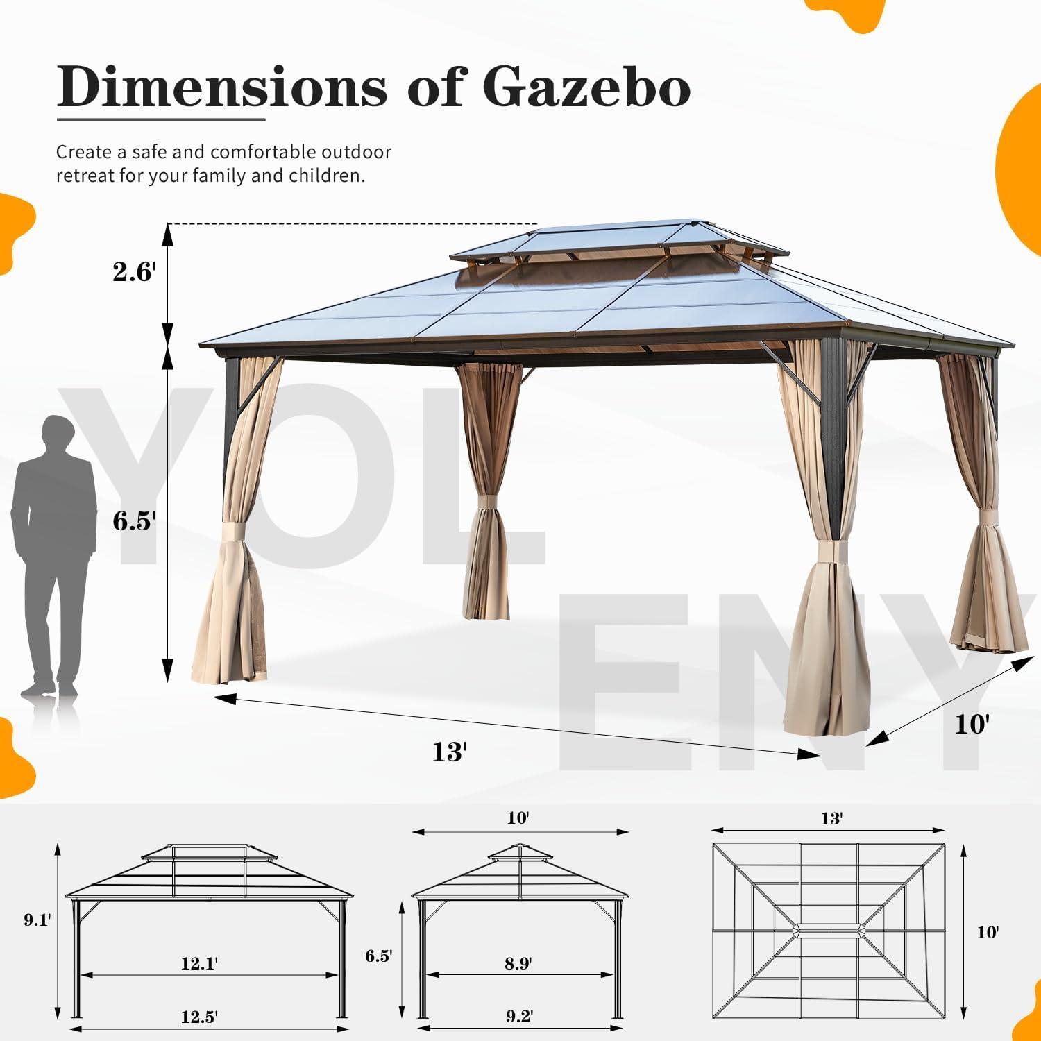 VIVOHOME 10' x 13' Double Roof Hardtop Gazebo, Polycarbonate Roof & Aluminum Alloy Frame with Netting & UV-Proof Privacy Curtain