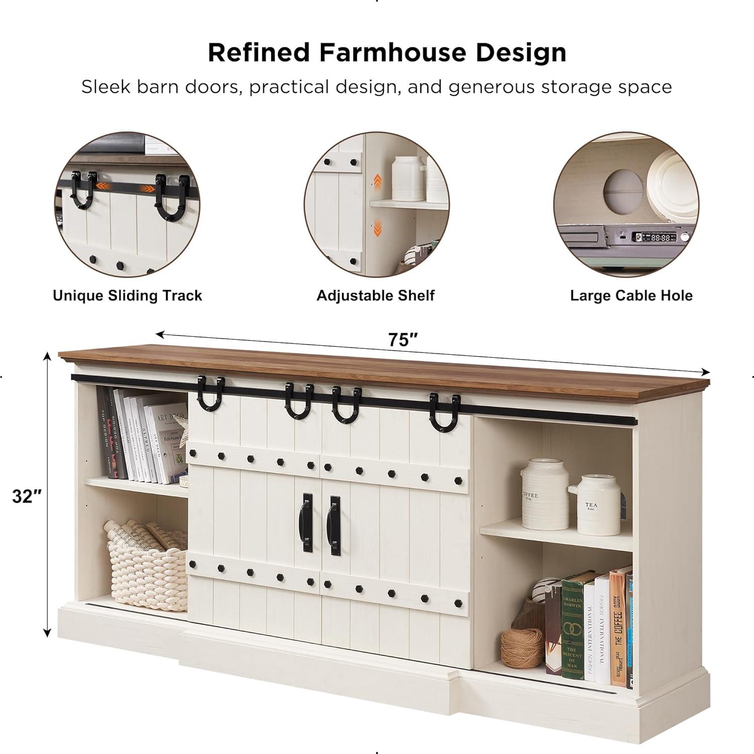 OKD 75" Wide Farmhouse Barn Door TV Stand for TVs up to 85", Entertainment Center with Wood Barn Door Storage Console, Dark Rustic Oak