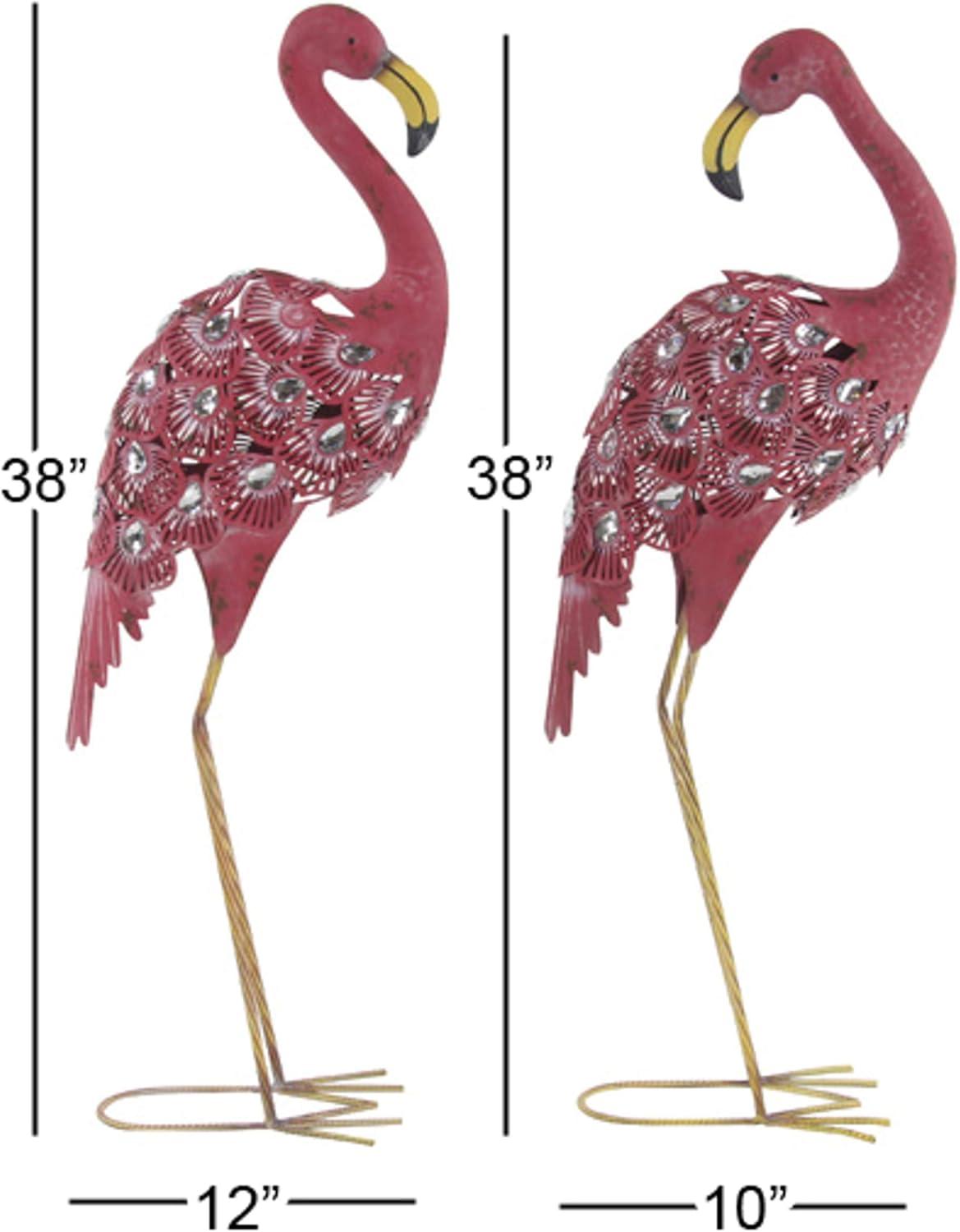 DecMode Coastal Outdoor Metal Standing Pink Flamingo Garden Sculpture, Set of 2 10"W x 38"H