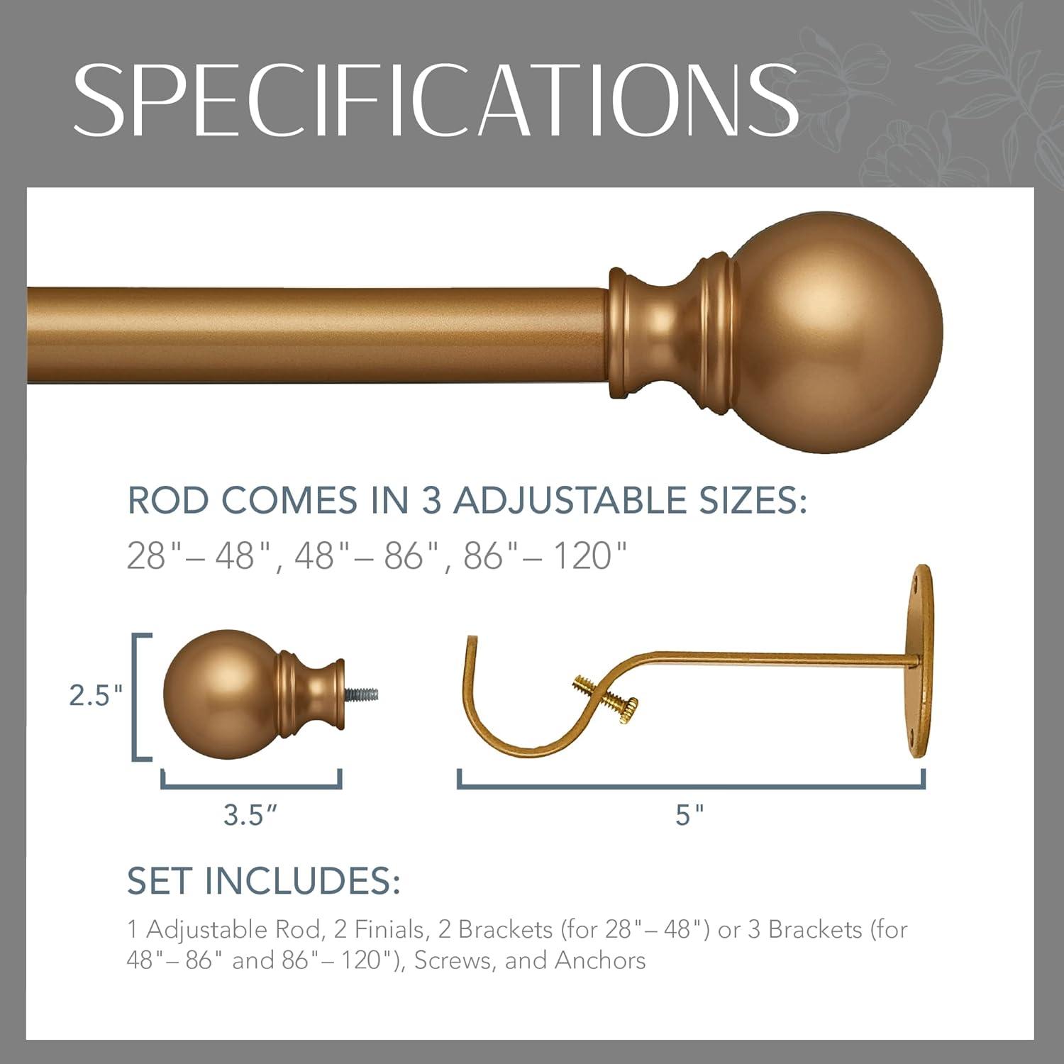 Cordelia 1" Window Drapery Single Curtain Rod with Globe Ball Finial - 86"-120" - Soft Gold - Elrene Home Fashions
