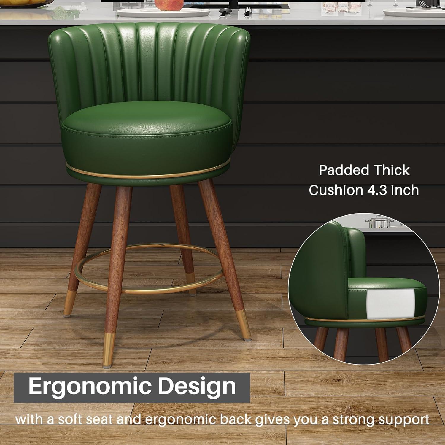 HomeZeer 24" Bar Stools Set of 2, Counter Height Bar Stools with Curved Back Swivel Barstools Pub Chairs with Wood Legs, Green