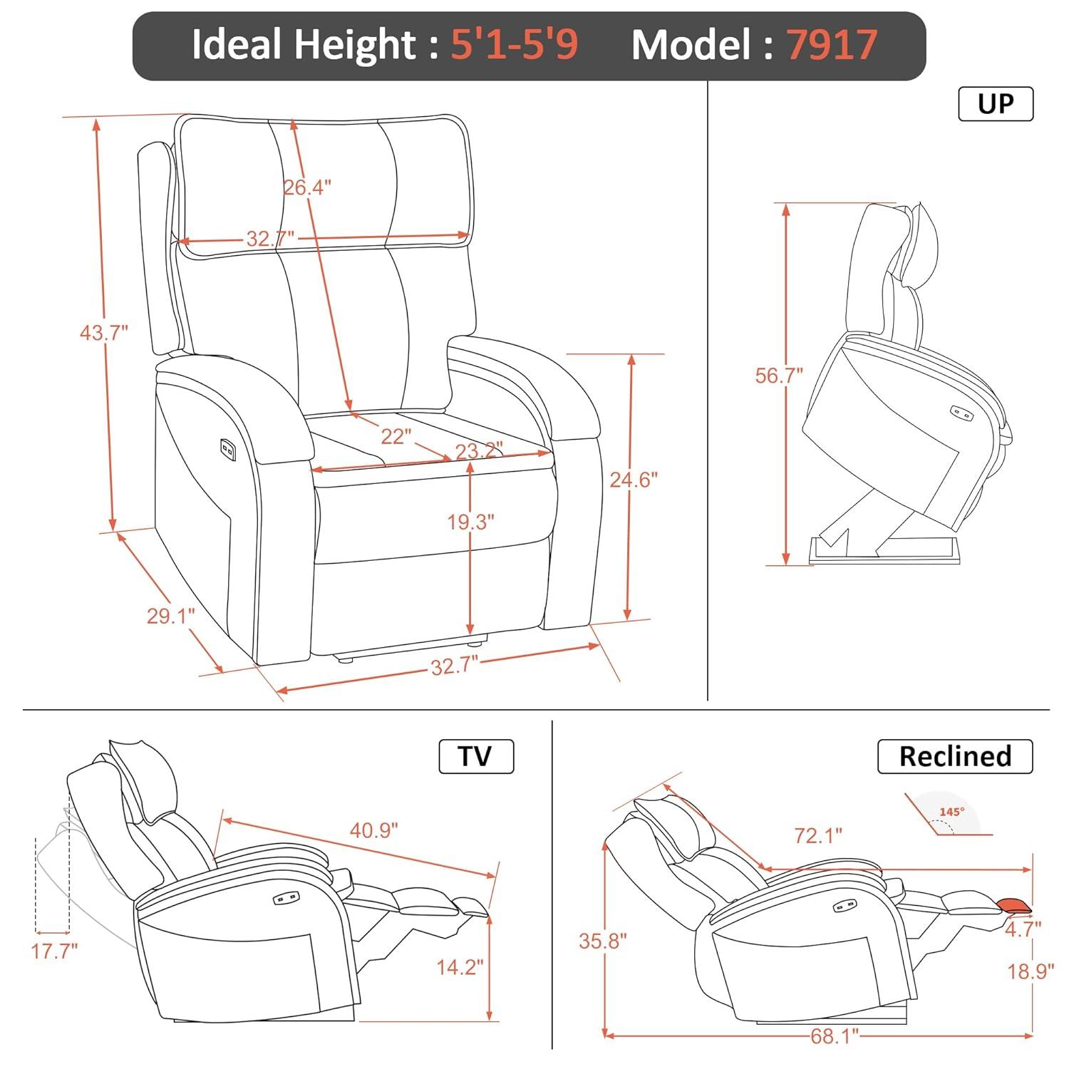MCombo Power Lift Recliner Chair Sofa with Massage and Heat, Adjustable Headrest for Elderly People, Solid Wood Armrest, USB Ports, Side Pockets, Breathable Leather 7917 (Tawny, Medium)