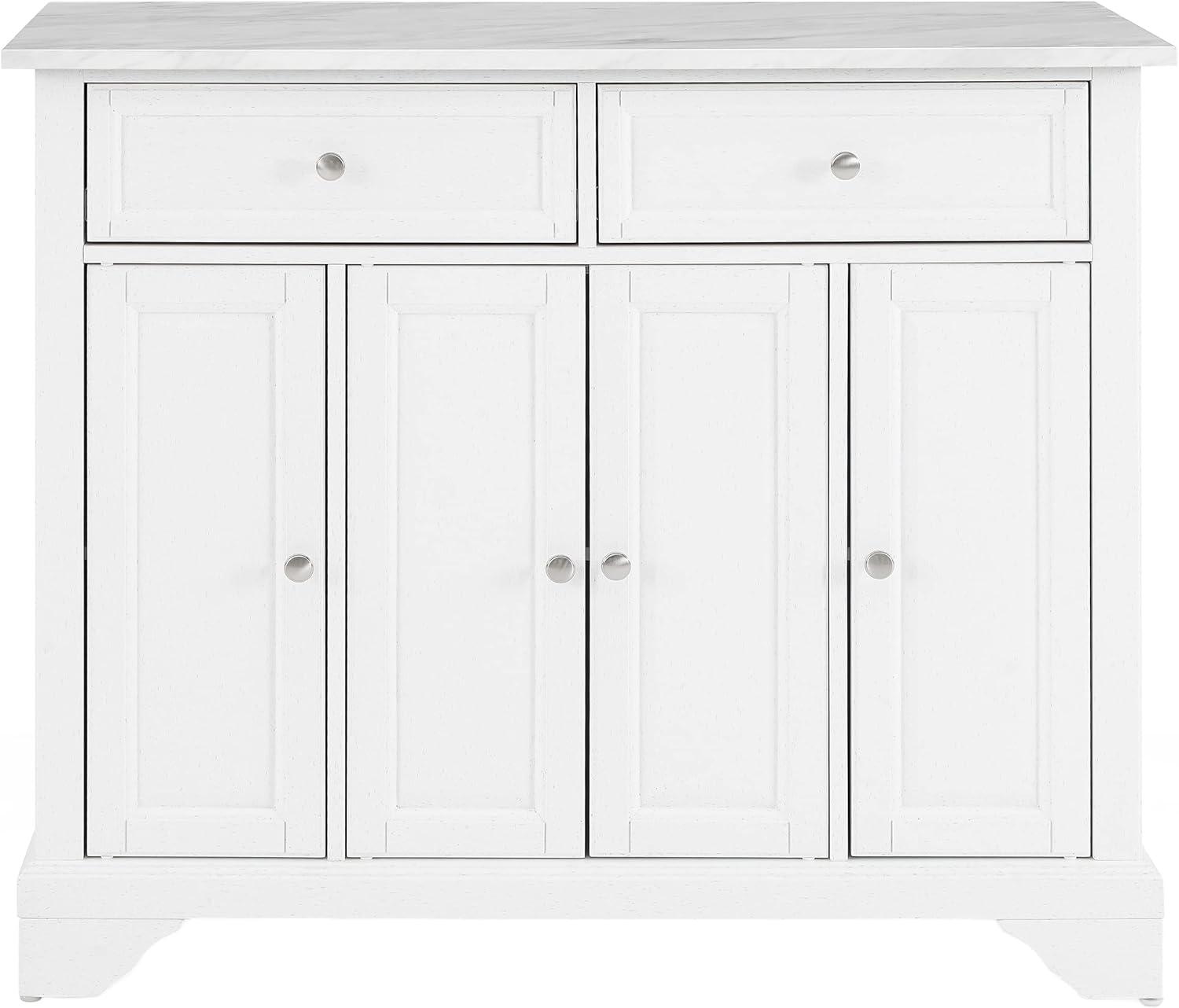 Avery Distressed White Kitchen Island Cart with Faux Marble Top