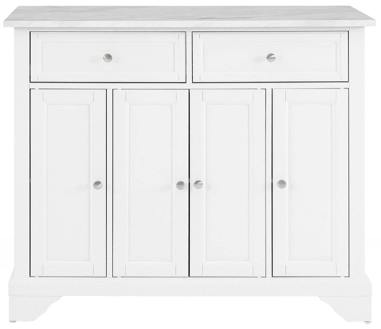 Avery Kitchen Island/Cart Distressed White/White Marble - Crosley: Adjustable Shelves, Particle Board Frame, 6 Shelves, 2 Drawers