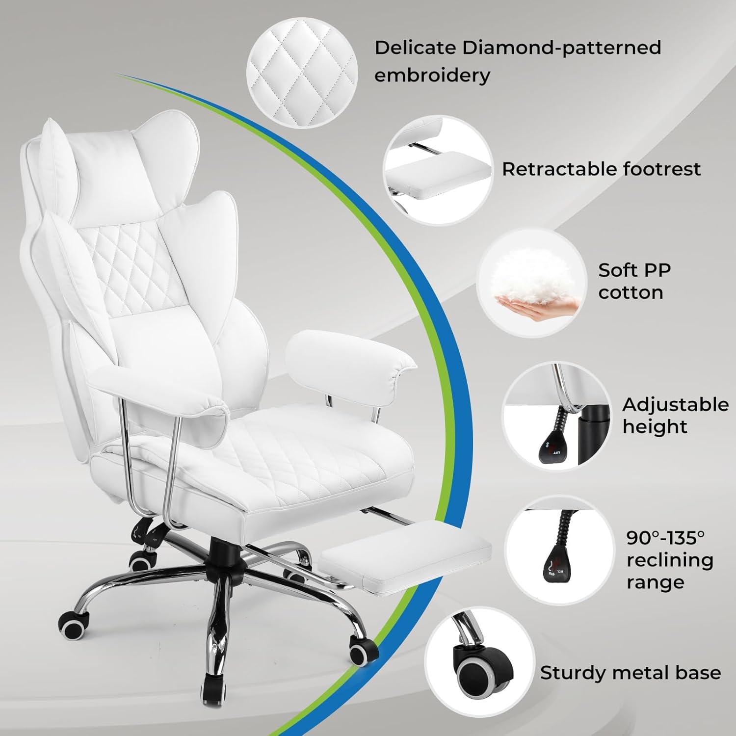 White Ergonomic PU Leather Gaming Chair with Footrest