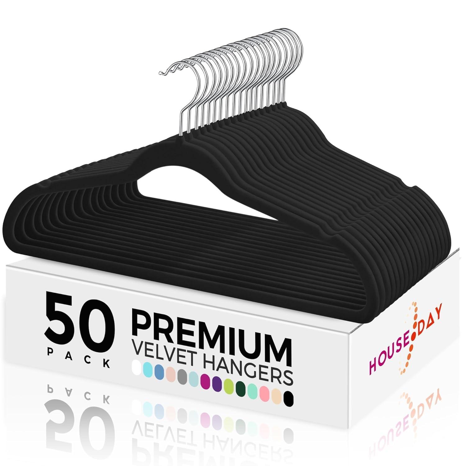 HOUSE DAY Premium Velvet Hangers 50 Pack Black, Non-Slip Flocked Felt Hangers, Sturdy Clothes Hangers with 360° Rotatable Hook, Heavy Duty Coat Hanger, Durable Slim Hanger for Closet Space Saving