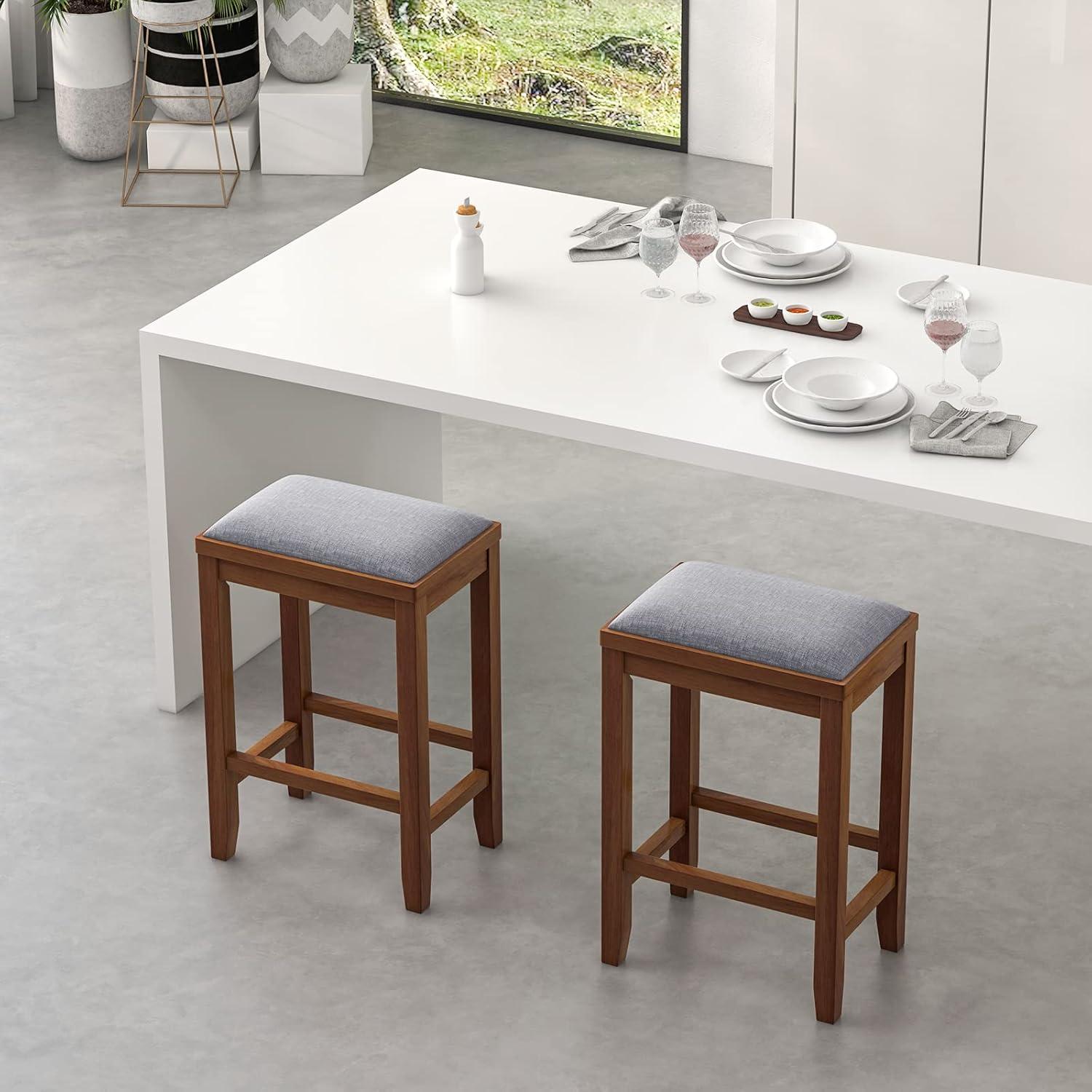 Costway Set of 2 Upholstered Bar Stools Wooden Counter Height Dining Chairs Walnut