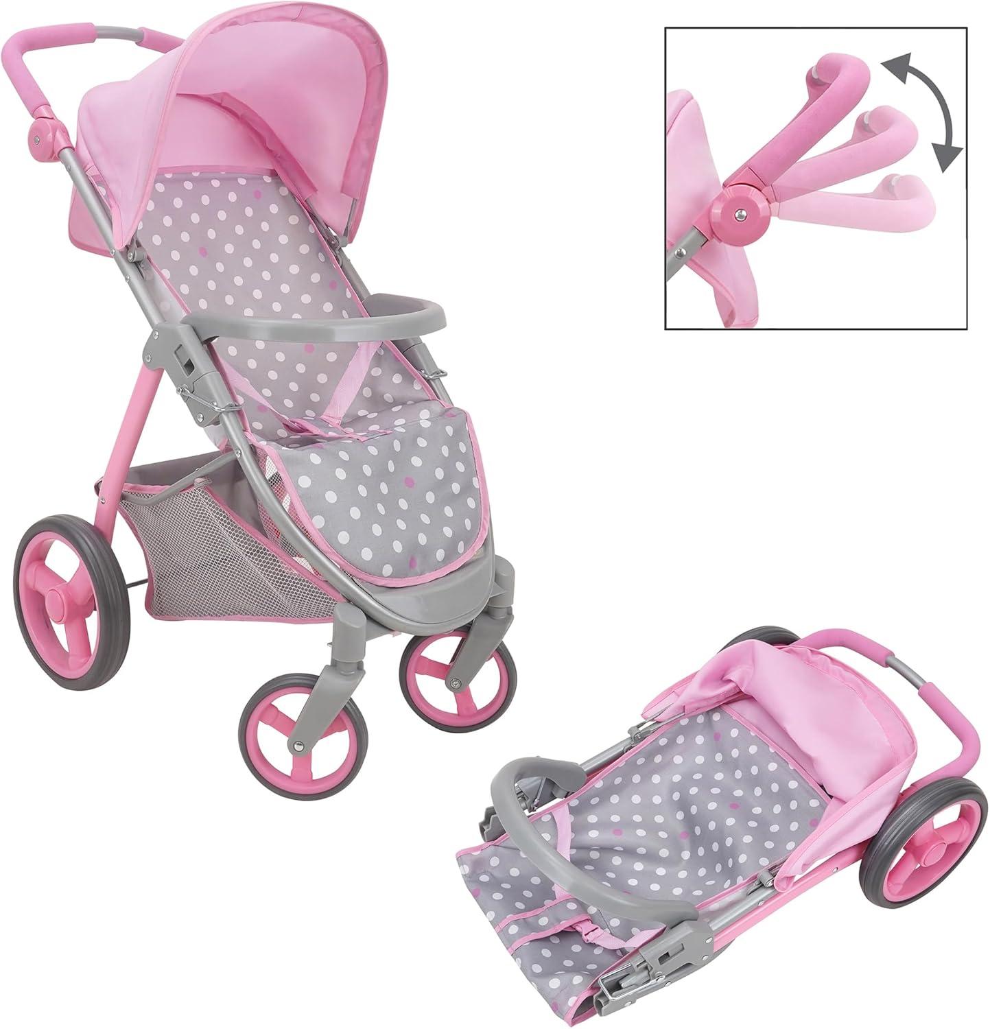 Cotton Candy Pink Doll Travel System in Grey Polka Dots, Fits Dolls Up to 18"