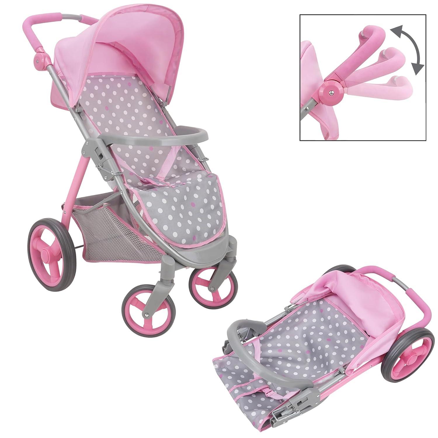 Cotton Candy Pink Doll Travel System in Grey Polka Dots, Fits Dolls Up to 18"