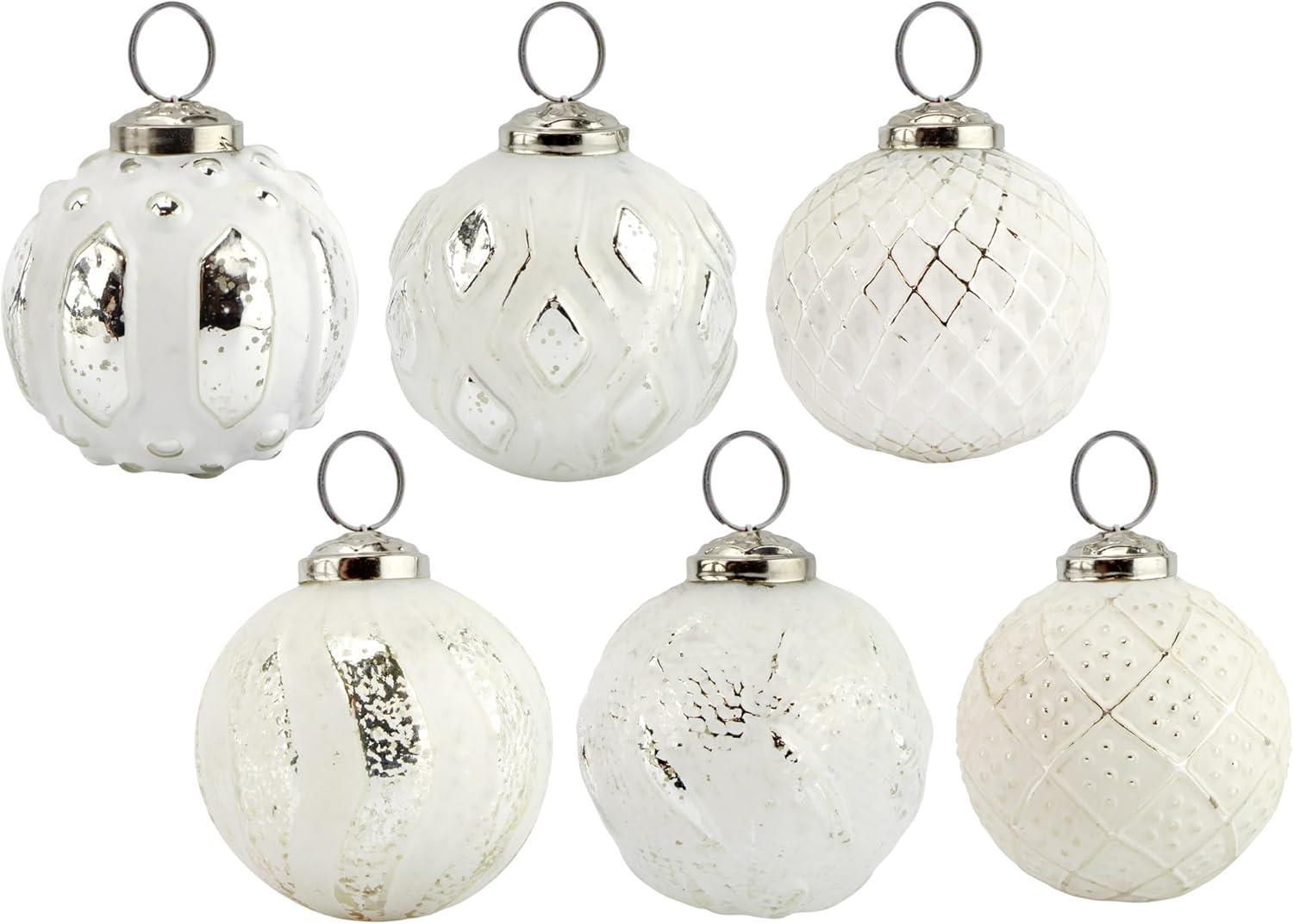 Distressed White Metal and Glass Ball Christmas Ornaments, Set of 6