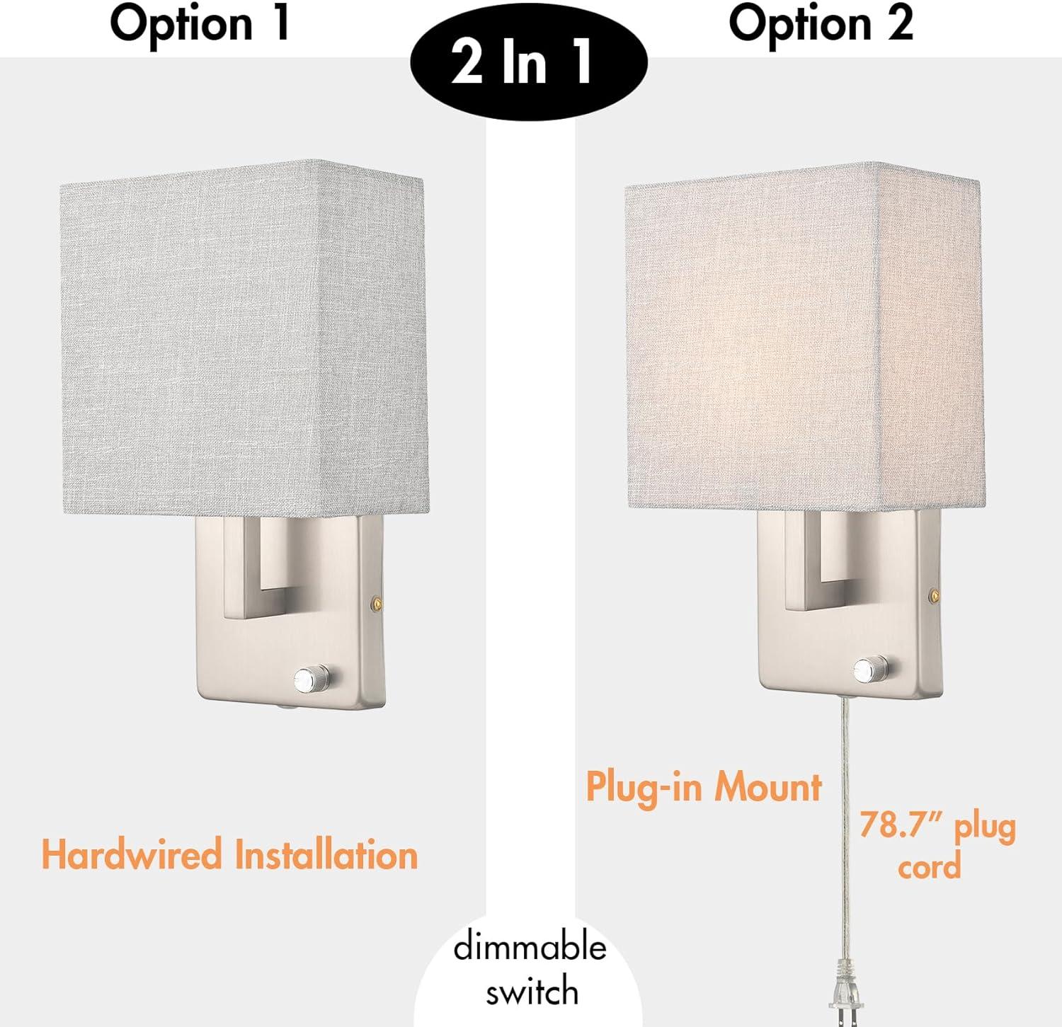 Claxy Brushed Nickel Plug in Wall Sconce with Square Fabric Shade and Switch Set of 2