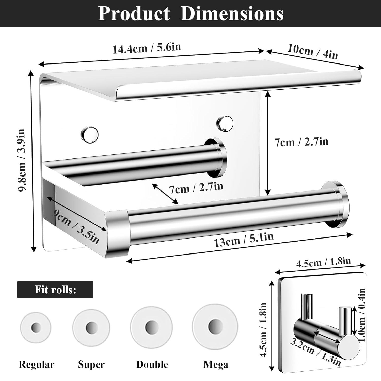 Tindbea Toilet Paper Holder with Phone Shelf + Towel Robe Hooks, Adhesive or Screw Wall Mounted Toilet Paper Roll Storage, Stainless Steel Bathroom Tissue Roll Holder (Polished Chrome)