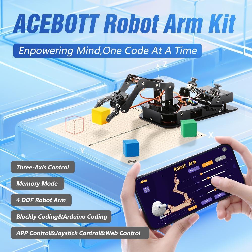 ACEBOTT 4 DOF ESP32 Programmable Robotic Arm Kit, Robotics Kit App Remote Control Robot Toys Compatible with Arduino, STEM Educational DIY Robot Arm Kit Gift for Teenagers & Adults