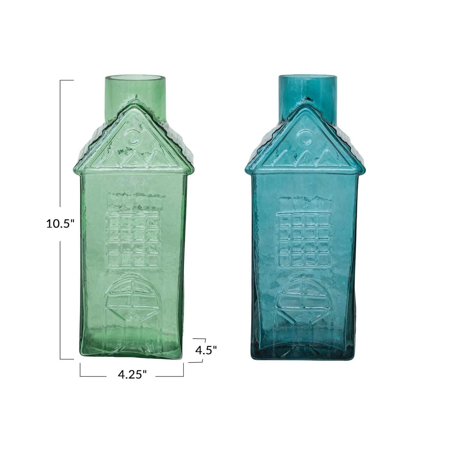 Creative Co-Op Charming Glass House-Shaped Vases, Green and Blue, Set of 2
