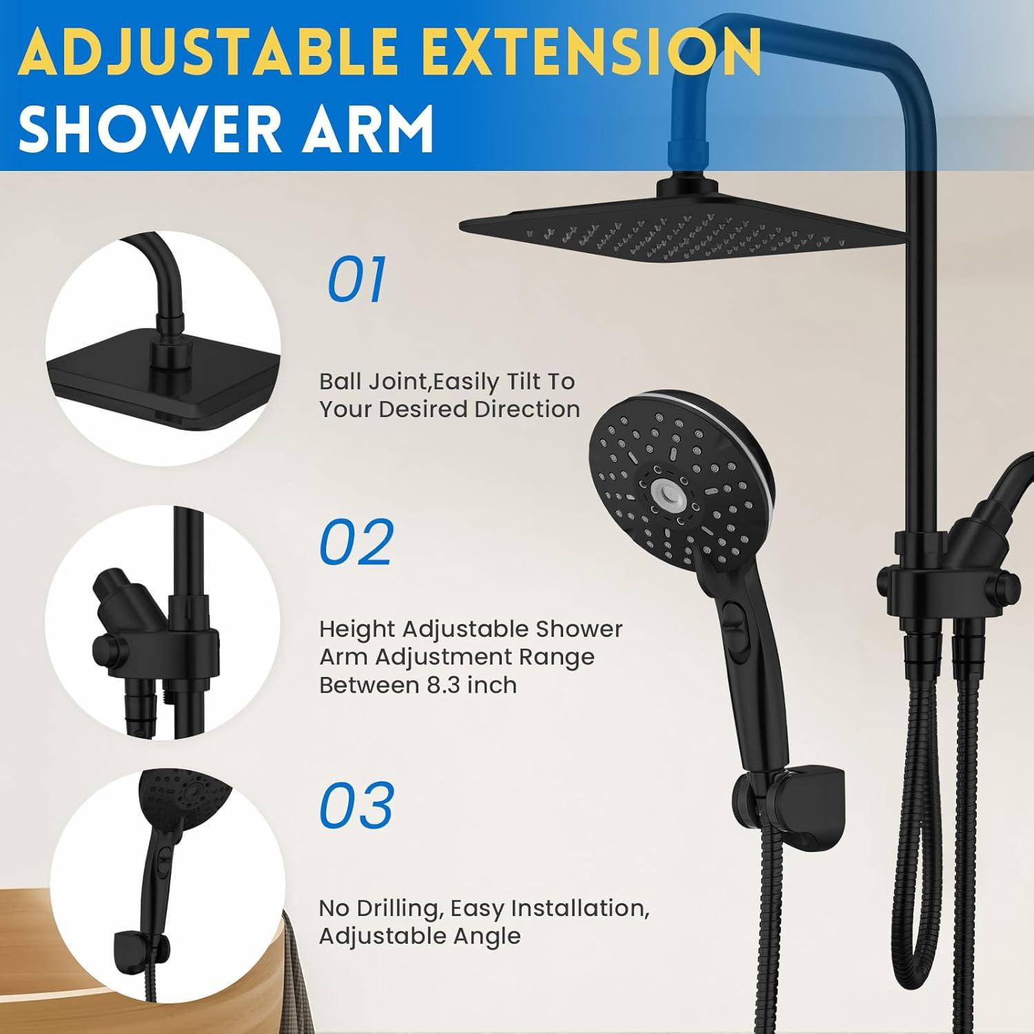 8" Dual Shower Head Combo, Rainfall Shower Head with Handheld, 6 Spray Settings Angle Adjustable Handheld Shower Head with Pause, Height Adjustable, Matte Black