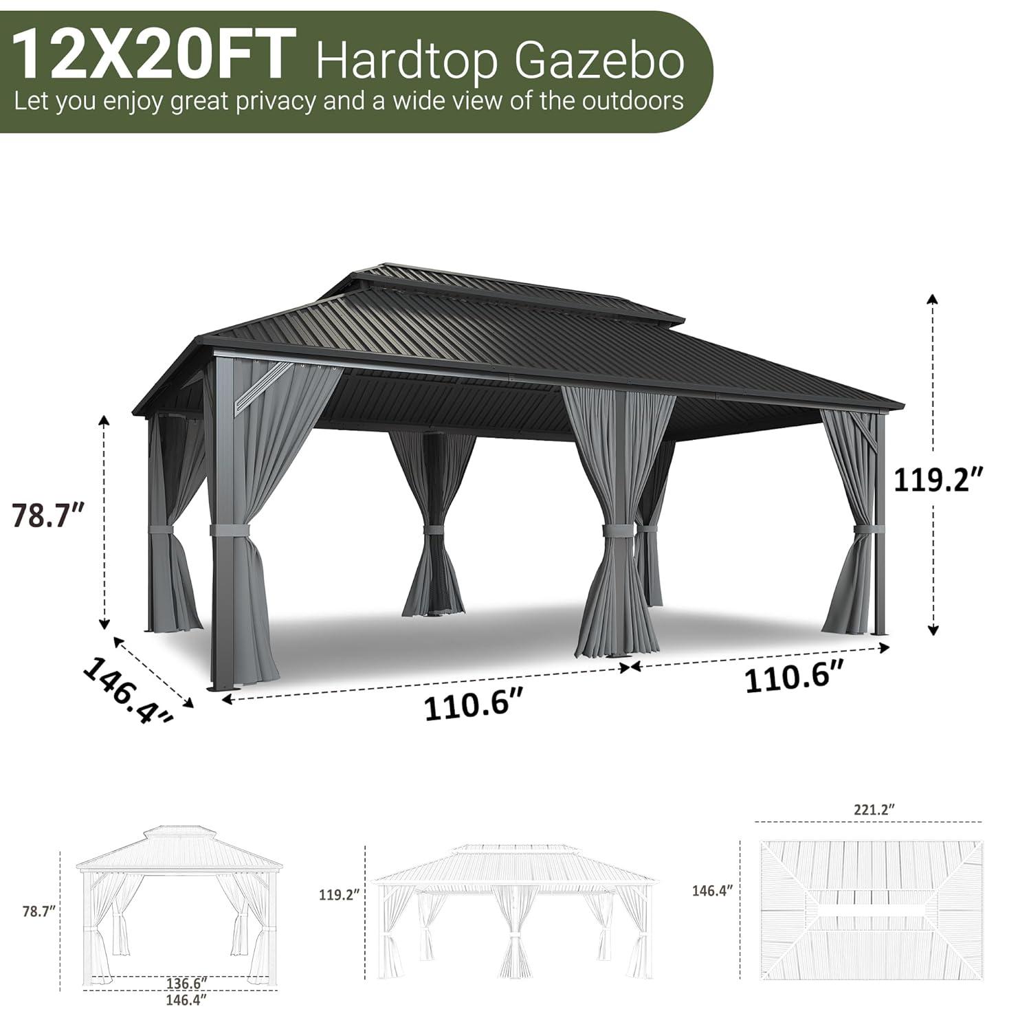 Ulax Furniture 10Ft x 12Ft Patio Hardtop Gazebo Outdoor Aluminum Pergola with Galvanized Steel Double Roof Canopy, Polyester Curtain and Mosquito Net, 10, Brown