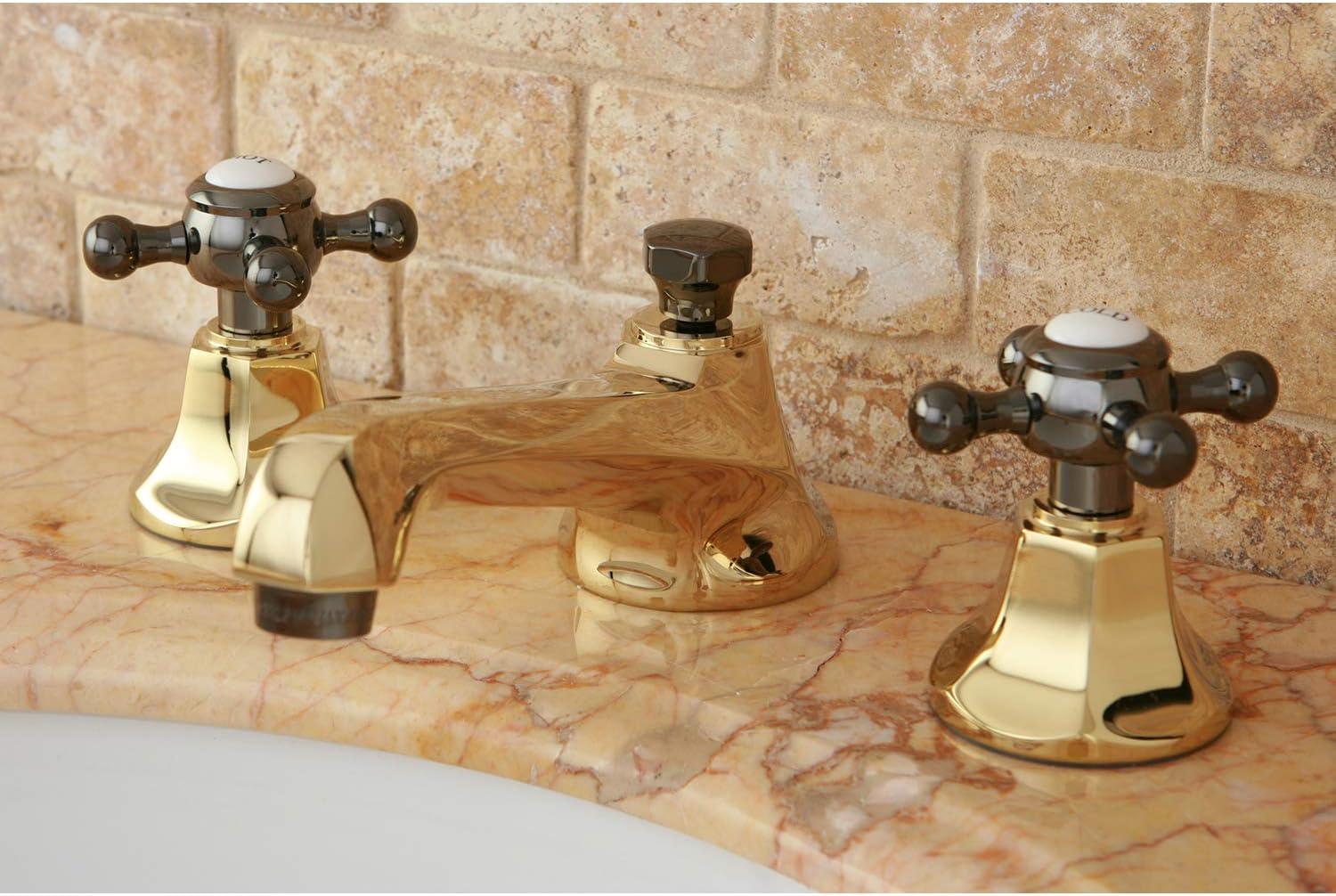 Kingston Brass Water Onyx Two-Handle 3-Hole Deck Mount Widespread Bathroom Faucet with Brass Pop-Up Drain