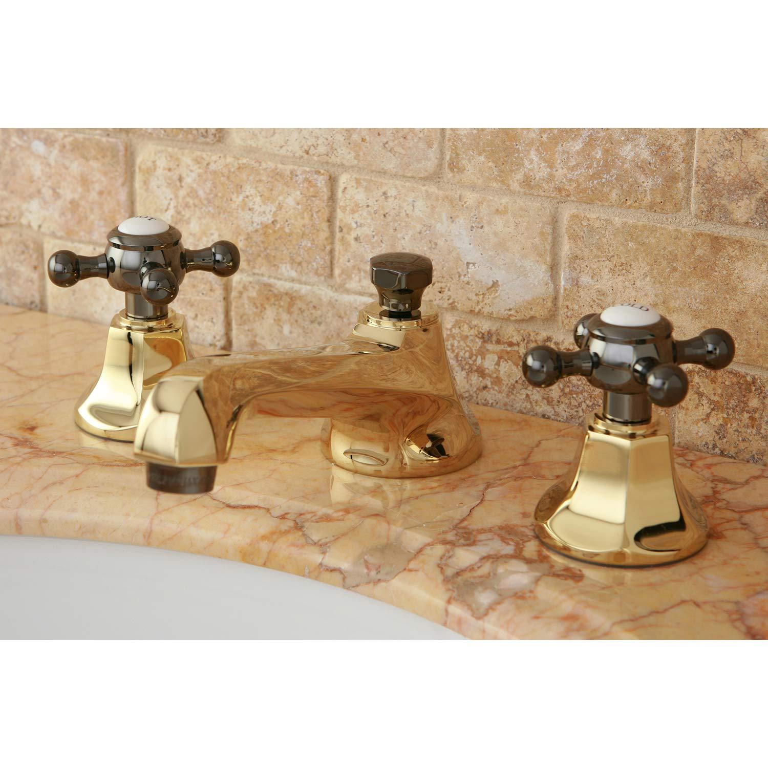 Kingston Brass Water Onyx Two-Handle 3-Hole Deck Mount Widespread Bathroom Faucet with Brass Pop-Up Drain