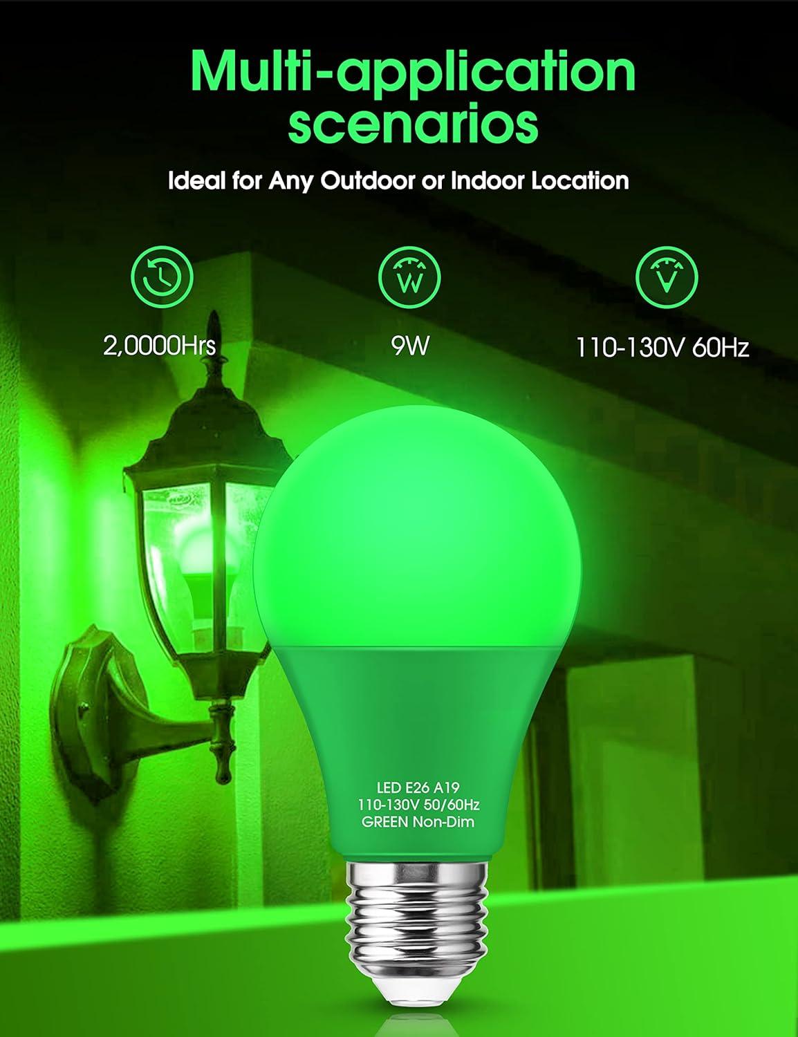 EDISHINE Green LED Light Bulbs for Holiday Party Decoration, A19 9W LED Bulbs 60W Equivalent E26 Base 4 Pack, ETL Listed