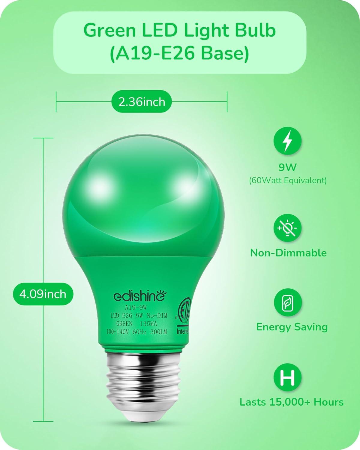 EDISHINE Green LED Light Bulbs for Holiday Party Decoration, A19 9W LED Bulbs 60W Equivalent E26 Base 4 Pack, ETL Listed