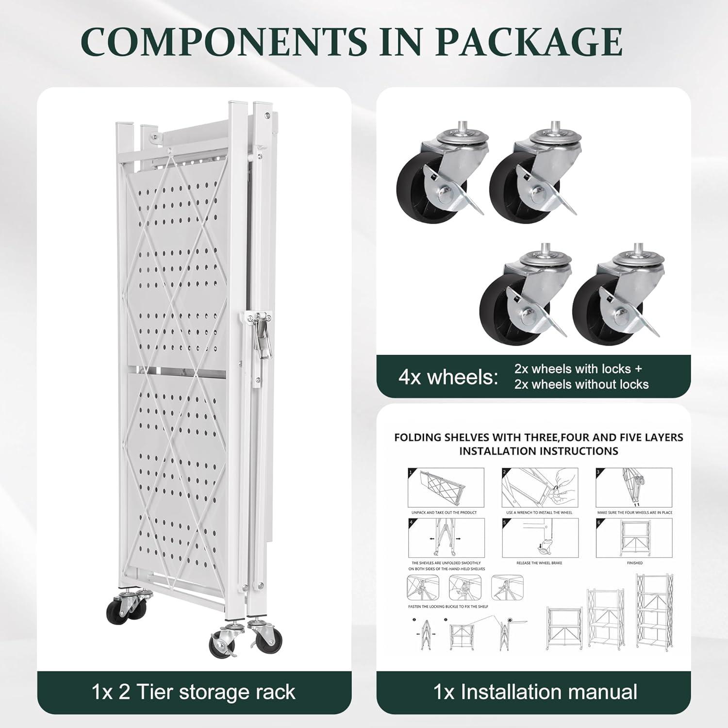 3-Tier Storage Shelves with Wheels, Folding Bookshelf No Assembly, Metal Display Shelf for Balcony, Kitchen, Basement, Pantry, White