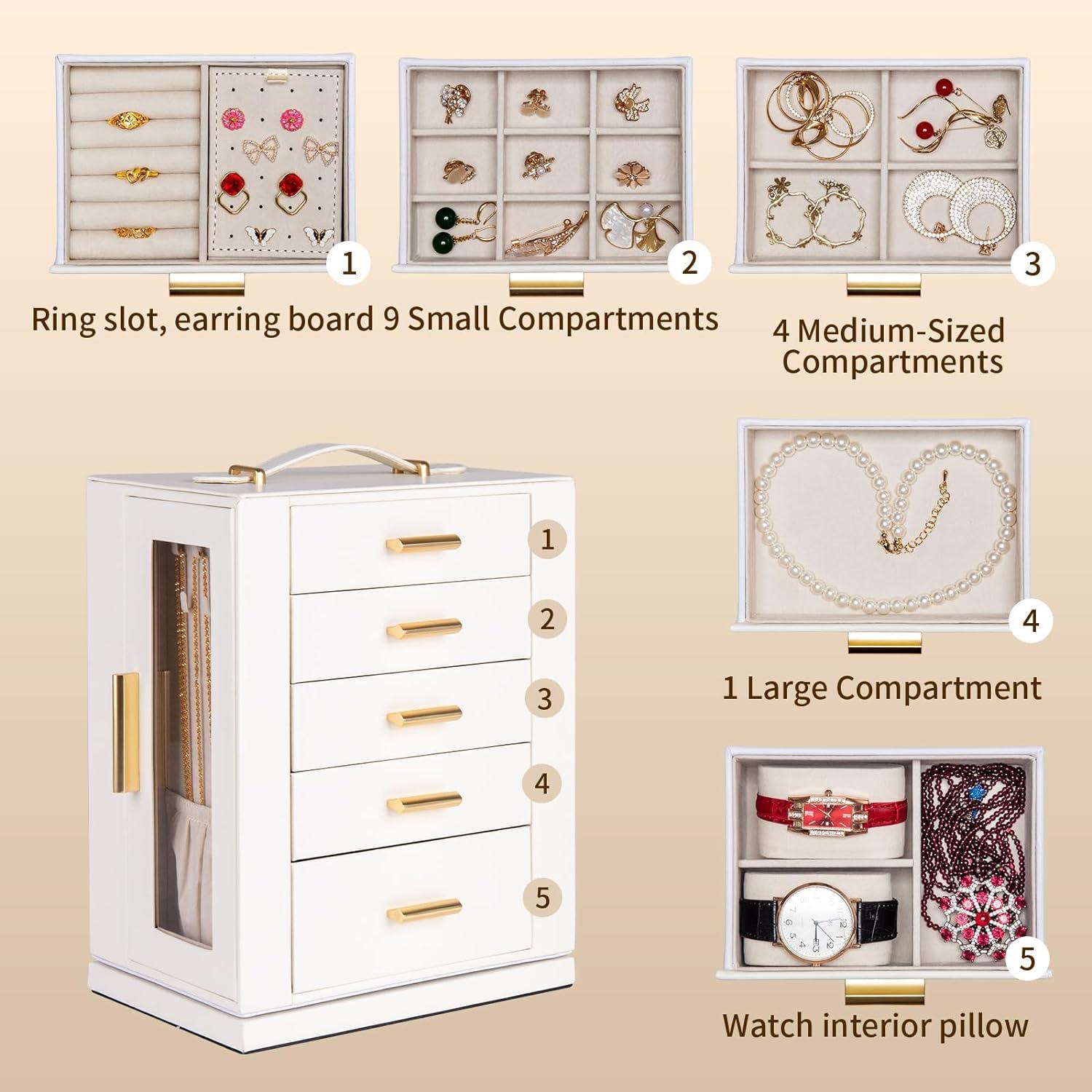 Jewelry Box 360° Rotating, Jewelry Storage Case With 5 Drawers, Jewelry Organizer, Glass Window, Spacious, Vertical Jewelry Storage, Open Design, Great Gift